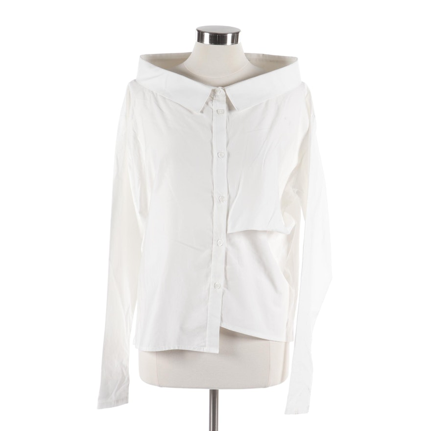 Arya Sense White Off-Shoulder Long Sleeve Button-Front Asymmetrical Shirt