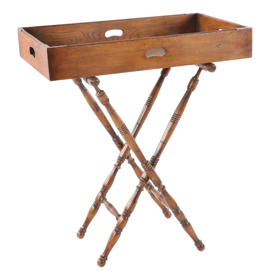 Campaign Style Stained Oak Tray on Folding Stand, 20th Century