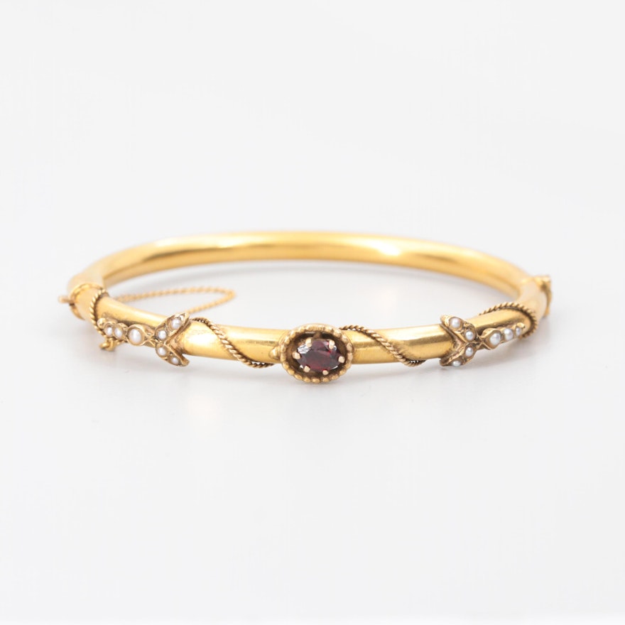 Circa 1890s 14K Yellow Gold Garnet and Seed Pearl Bracelet