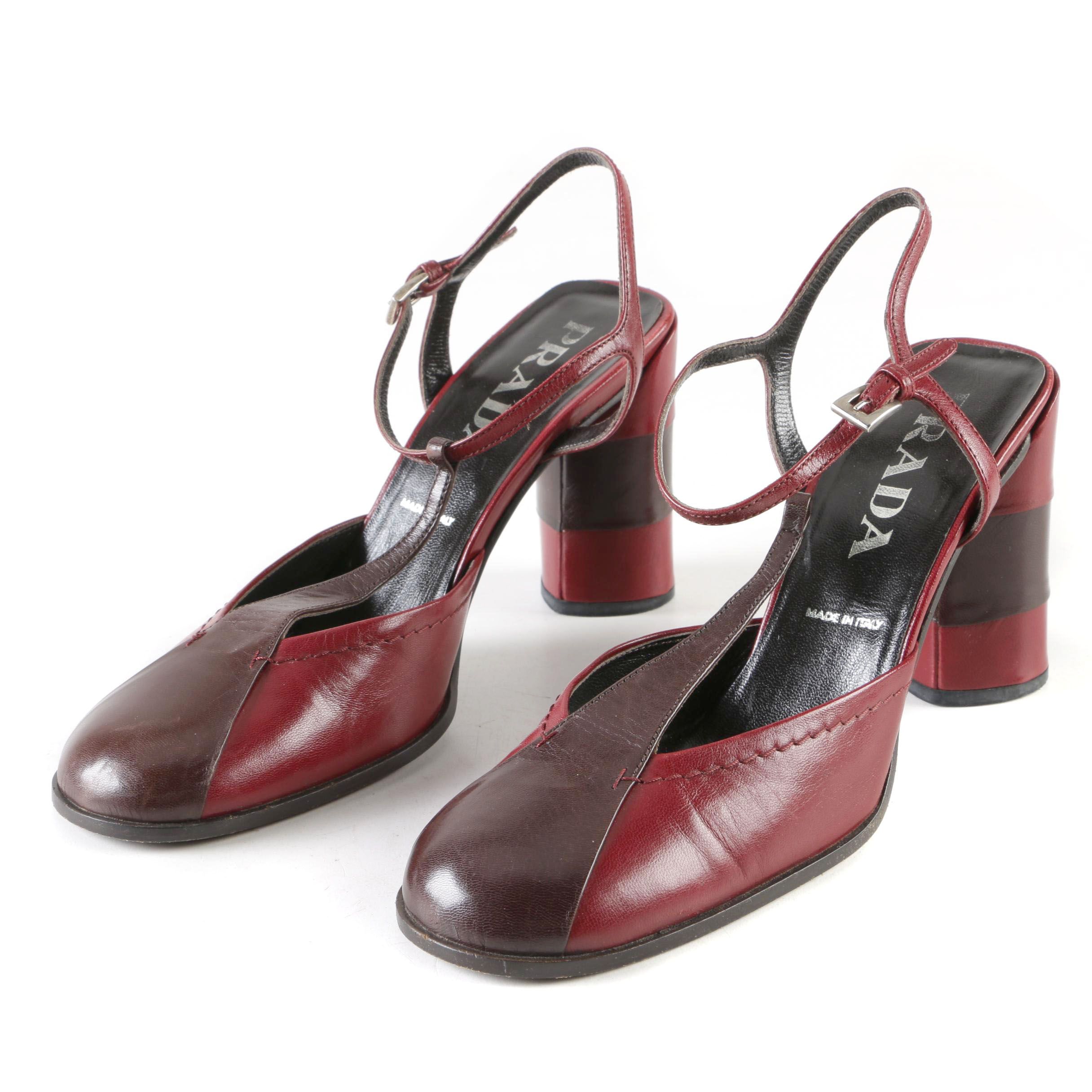 Women's Prada Two-Tone Burgundy and Brown Leather T-Strap Heels