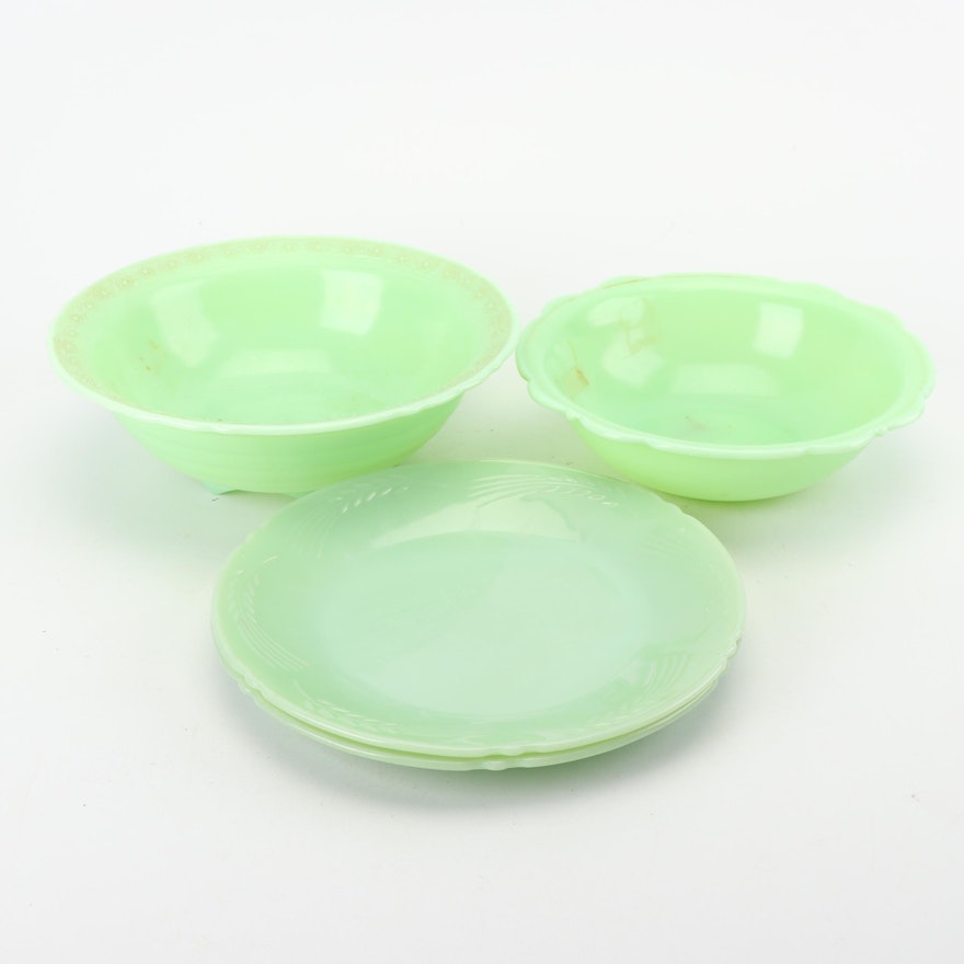 McKee and Anchor Hocking Jadeite Glass Bowls and Plates, Mid-Century