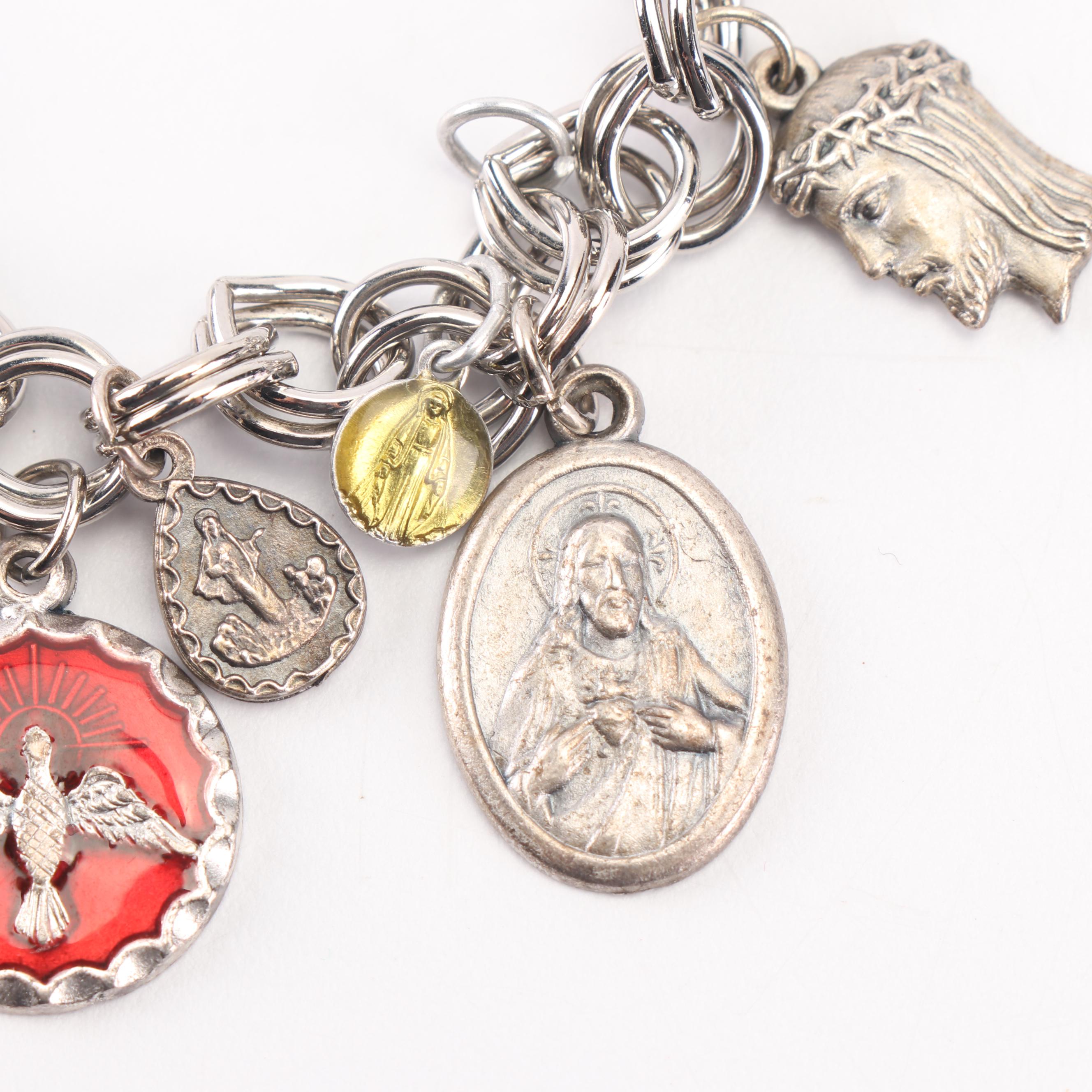 Silver Tone Religious Charm Bracelet
