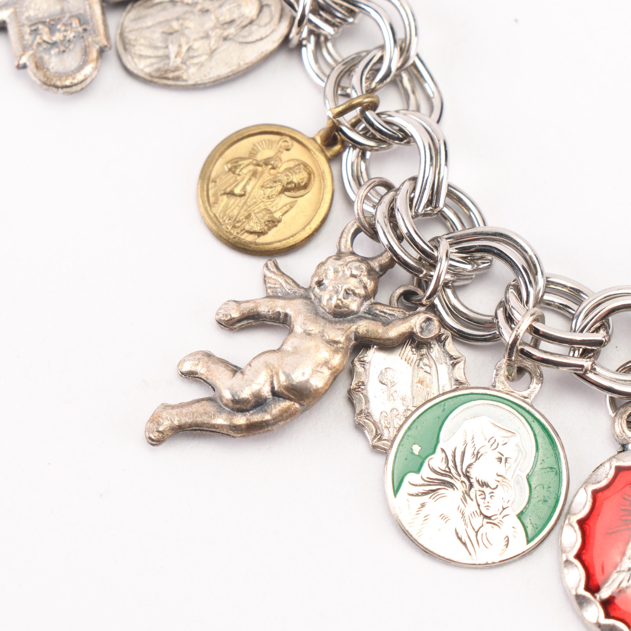 Silver Tone Religious Charm Bracelet