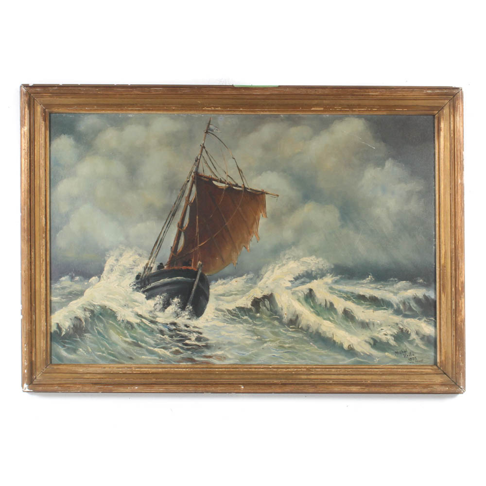 Michel Kritz Oil Painting Fishing Boat in Rough Seas