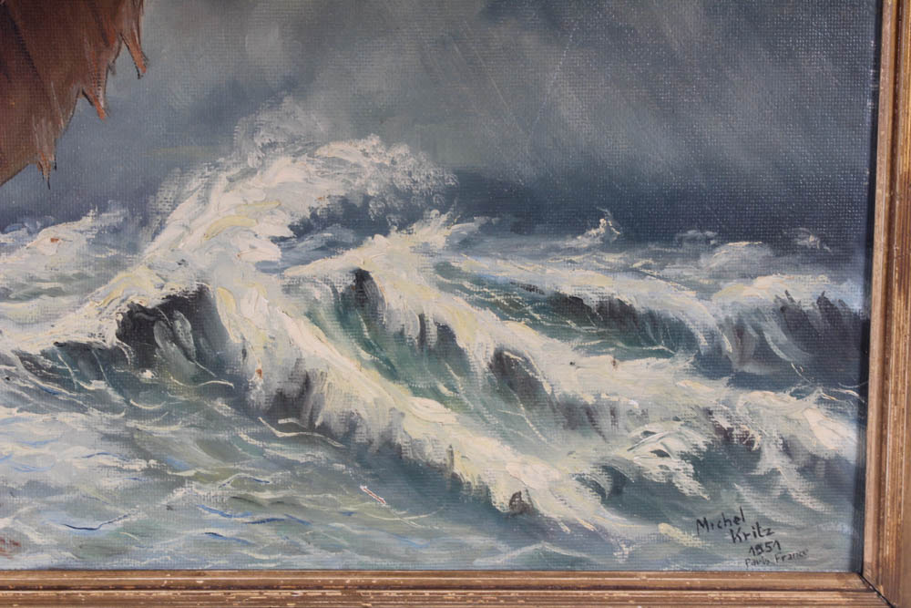 Michel Kritz Oil Painting Fishing Boat in Rough Seas