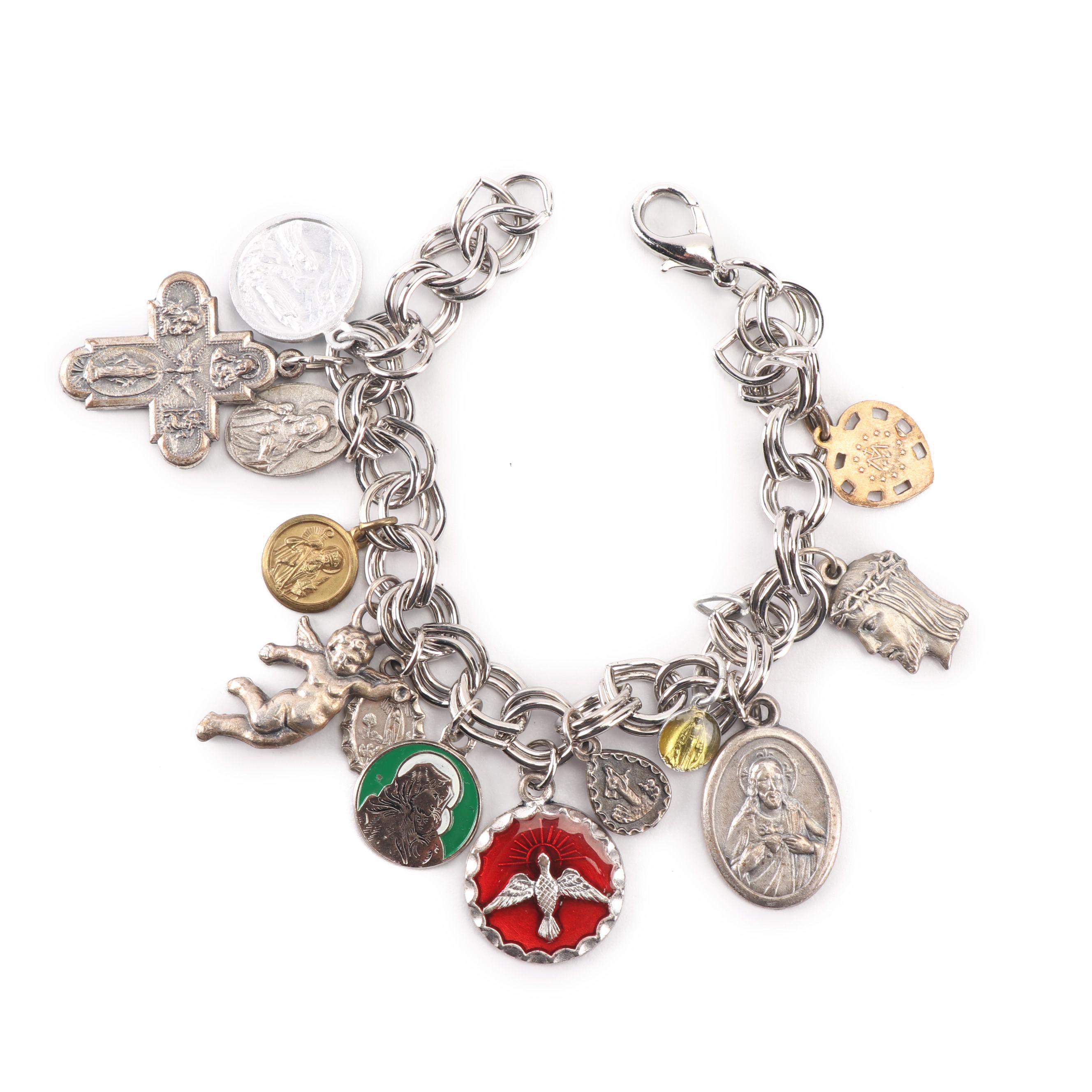 Silver Tone Religious Charm Bracelet