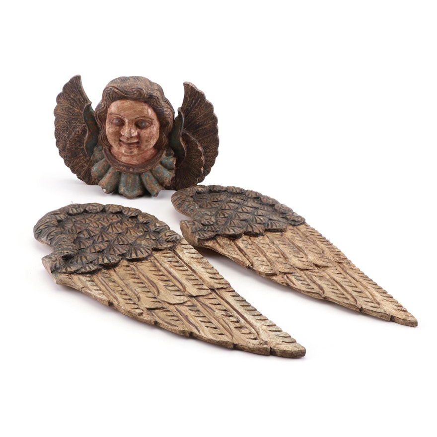 Carved Wood Polychrome Angel and Wings