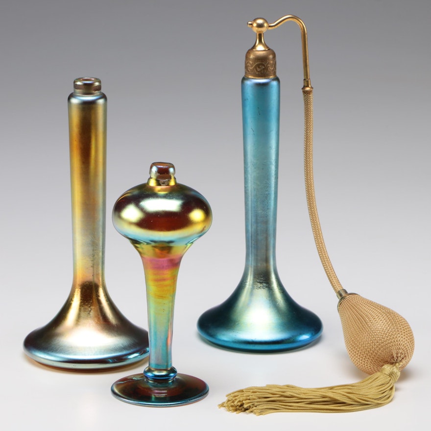 Steuben Blue and Gold Aurene Atomizers, Early 20th Century