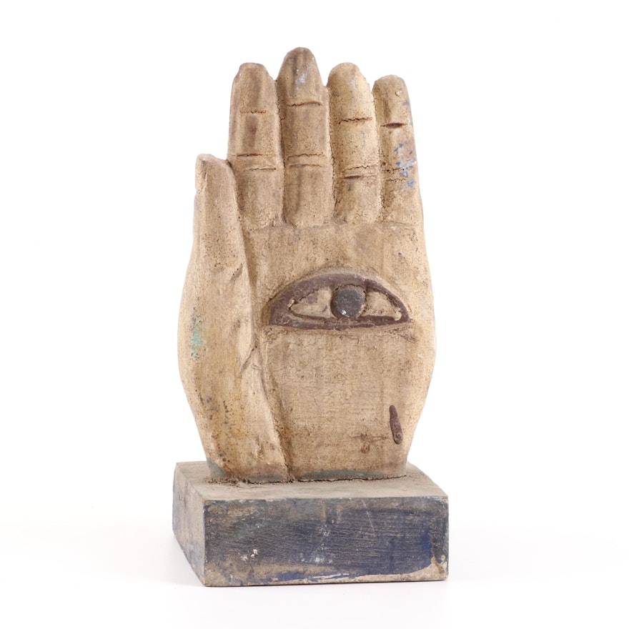 Carved Wood "Eye in Hand" Hand Sculpture