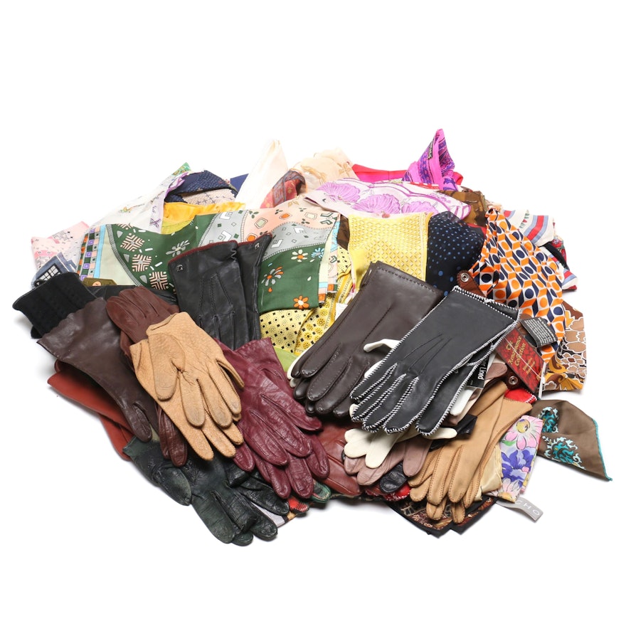 Collection of Vintage Gloves and Silk Scarves Including Oscar de la Renta