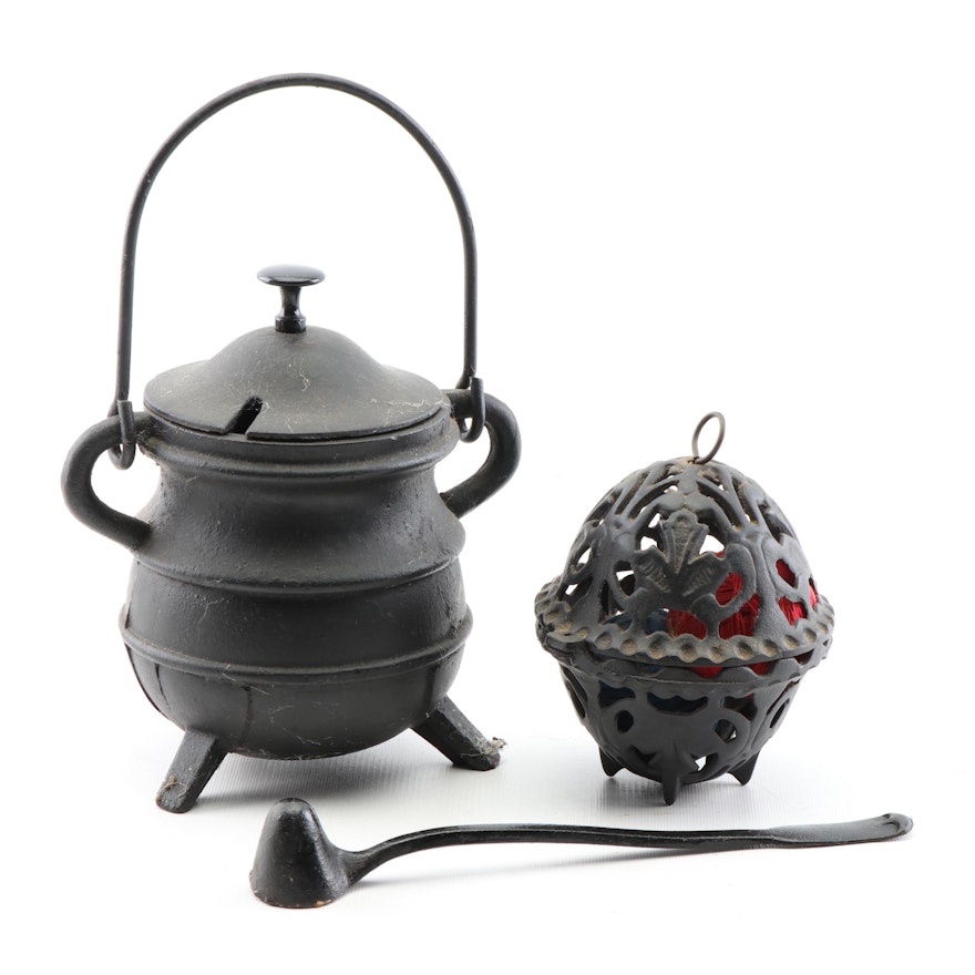 Cast Iron Twine Keeper, Candle Snuffer and Kettle