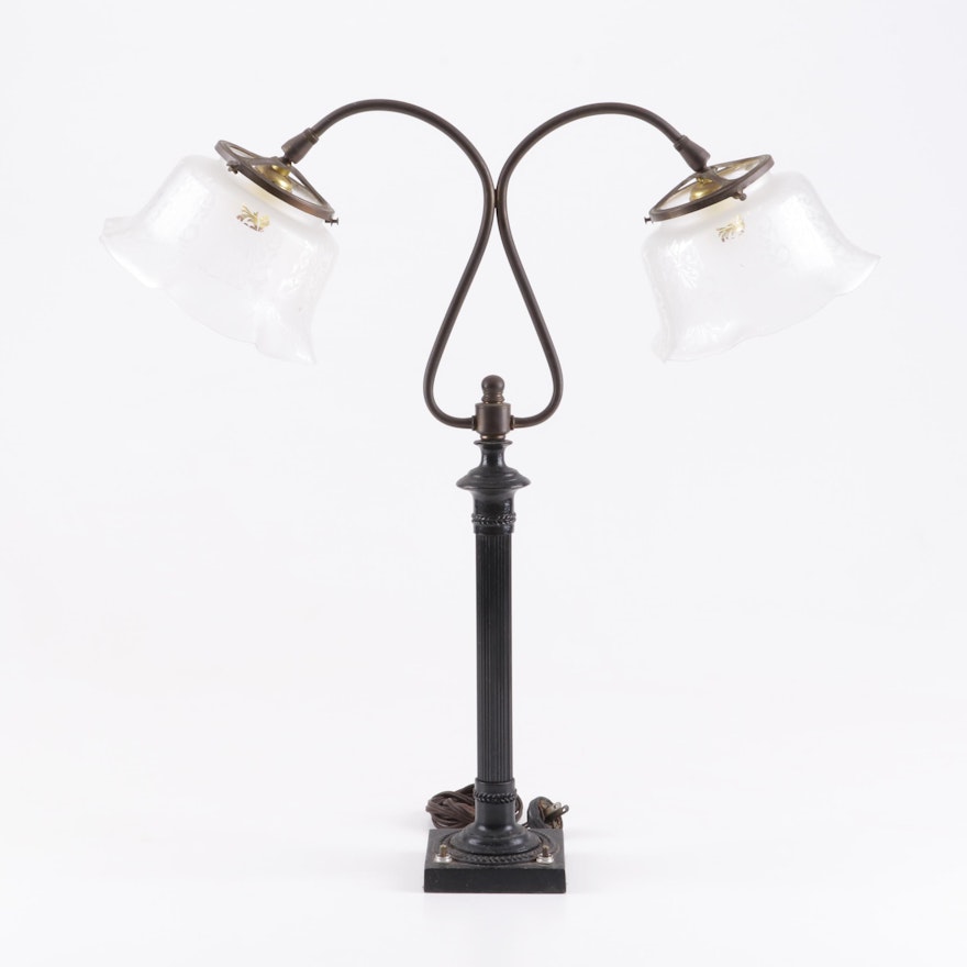 Art Deco Style Double Gooseneck Columnar Table Lamp