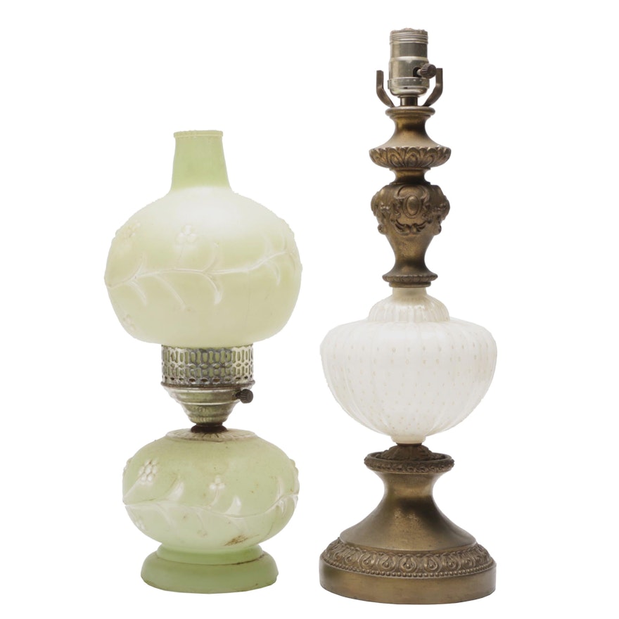 Glass and Metal Table Lamps Including Celadon Green Parlor Lamp, circa 1950