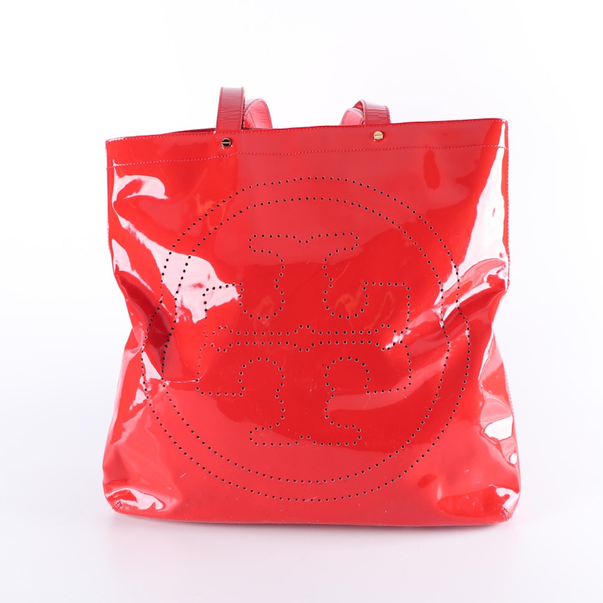 Tory Burch Red Perforated Patent Leather Logo Tote Bag