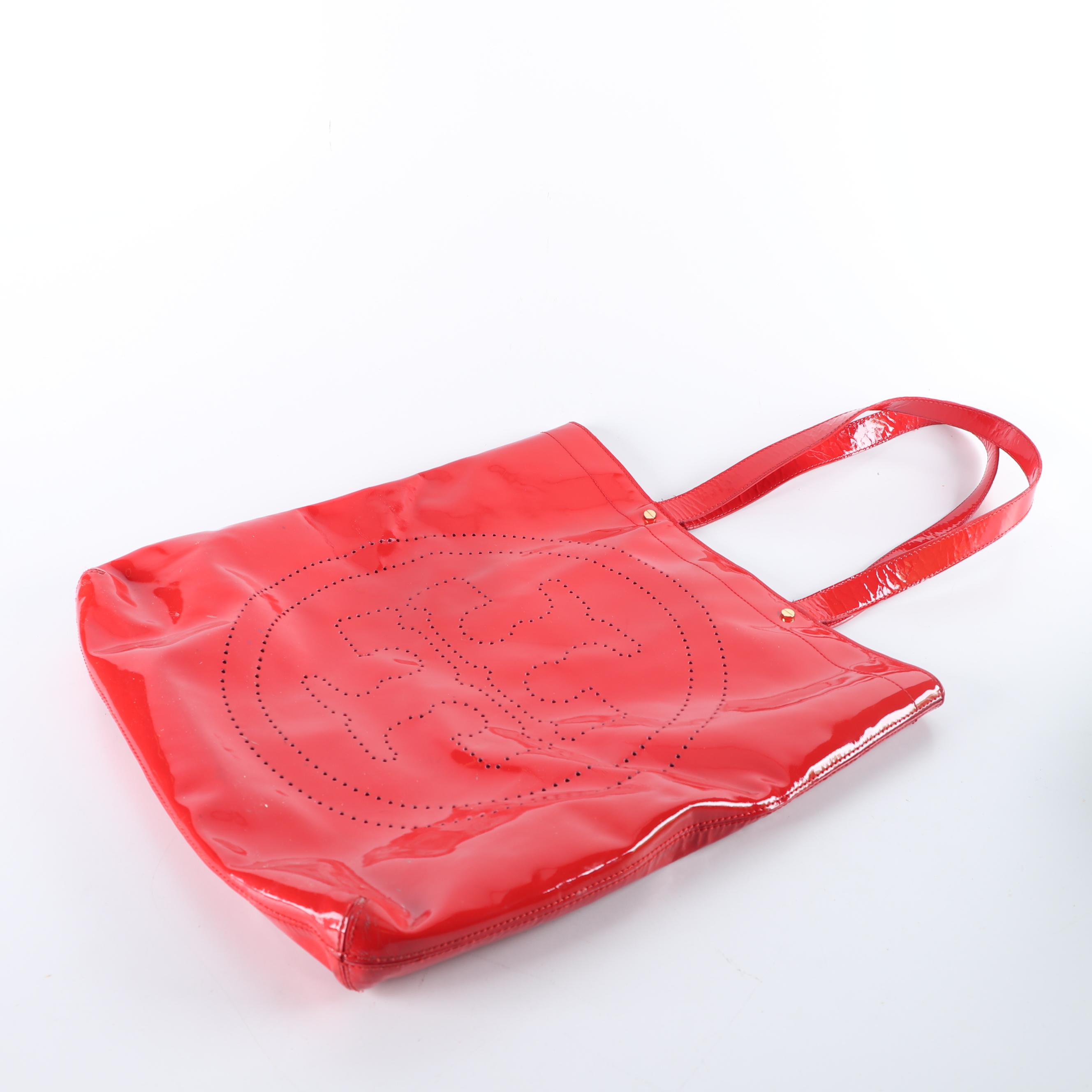 Tory Burch Red Perforated Patent Leather Logo Tote Bag