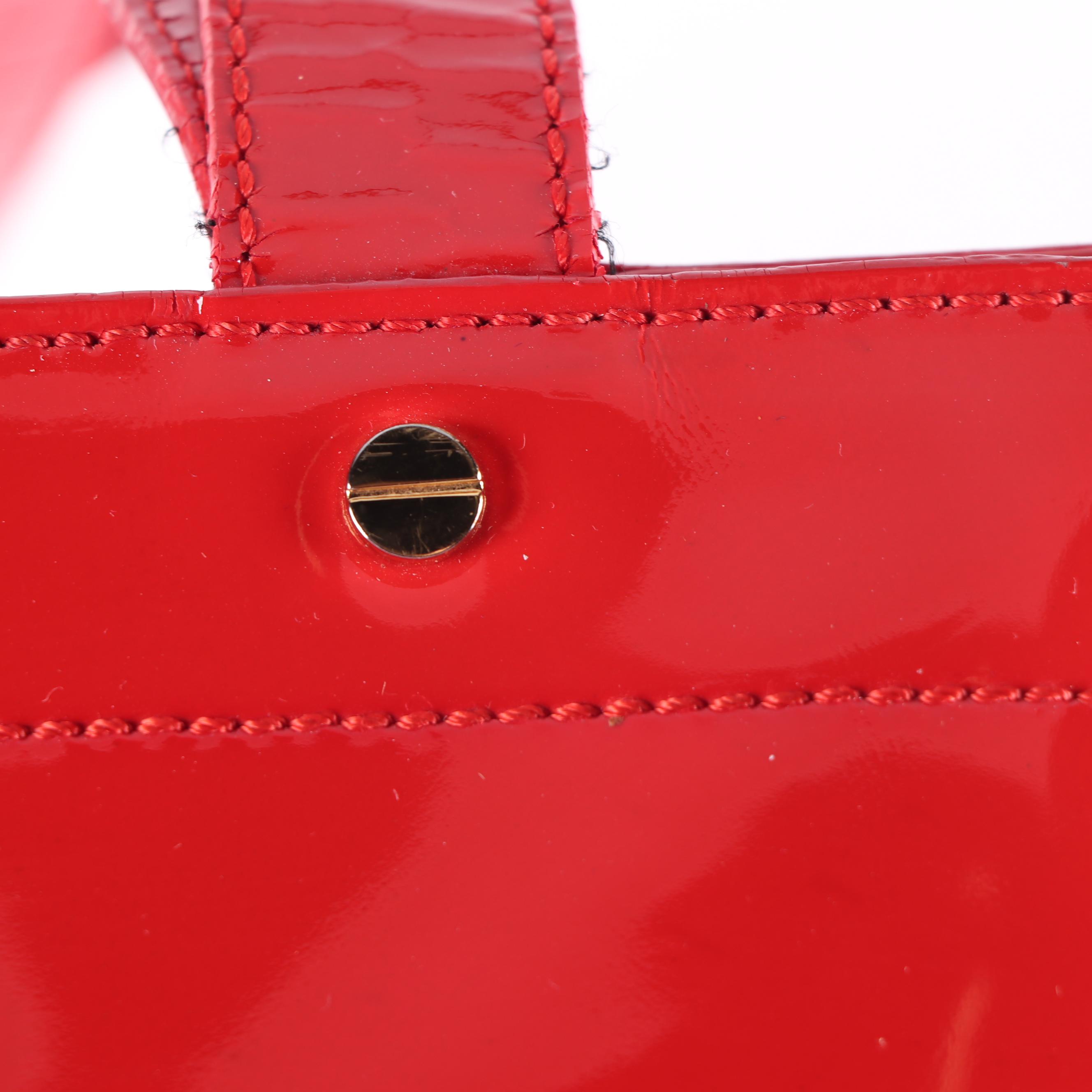 Tory Burch Red Perforated Patent Leather Logo Tote Bag
