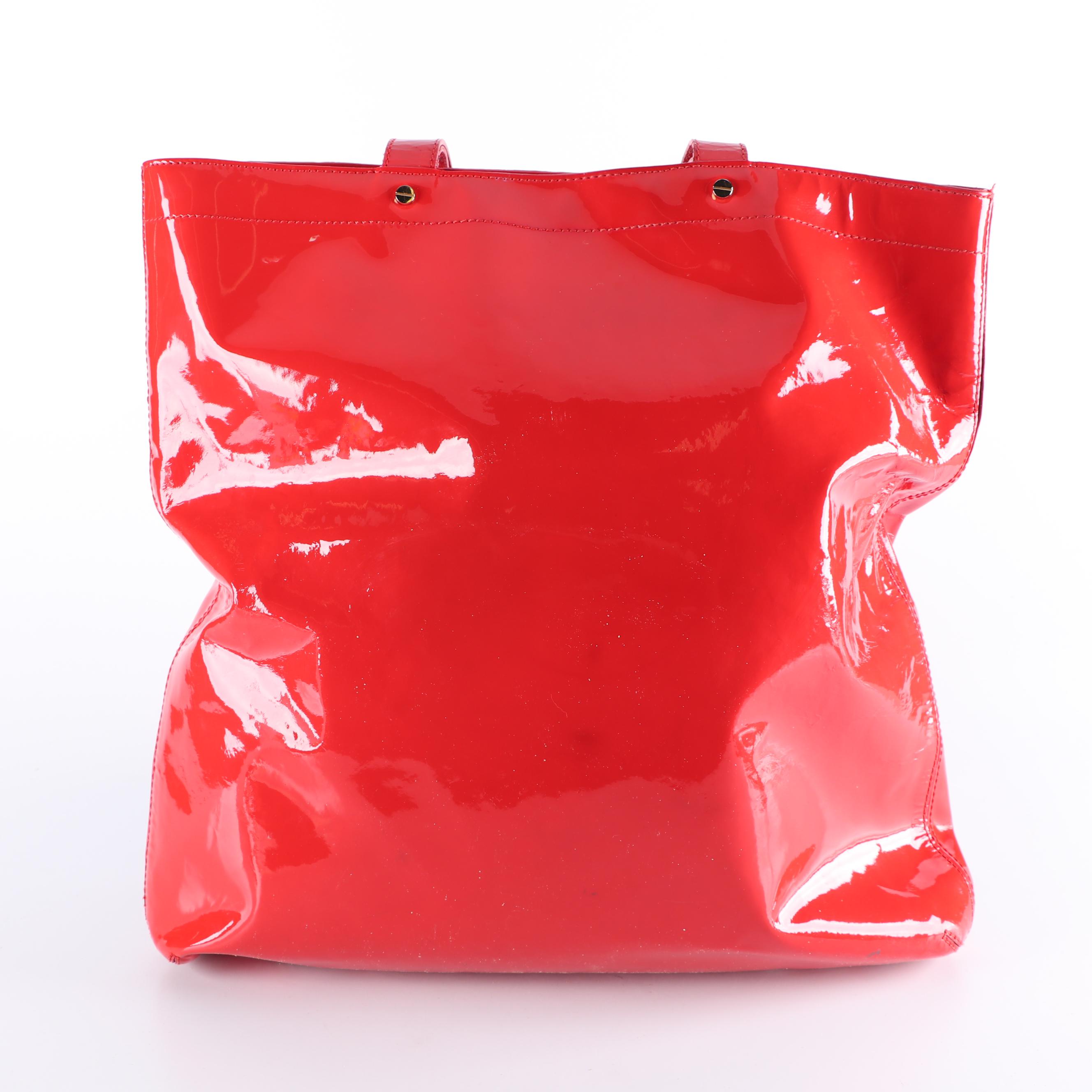 Tory Burch Red Perforated Patent Leather Logo Tote Bag