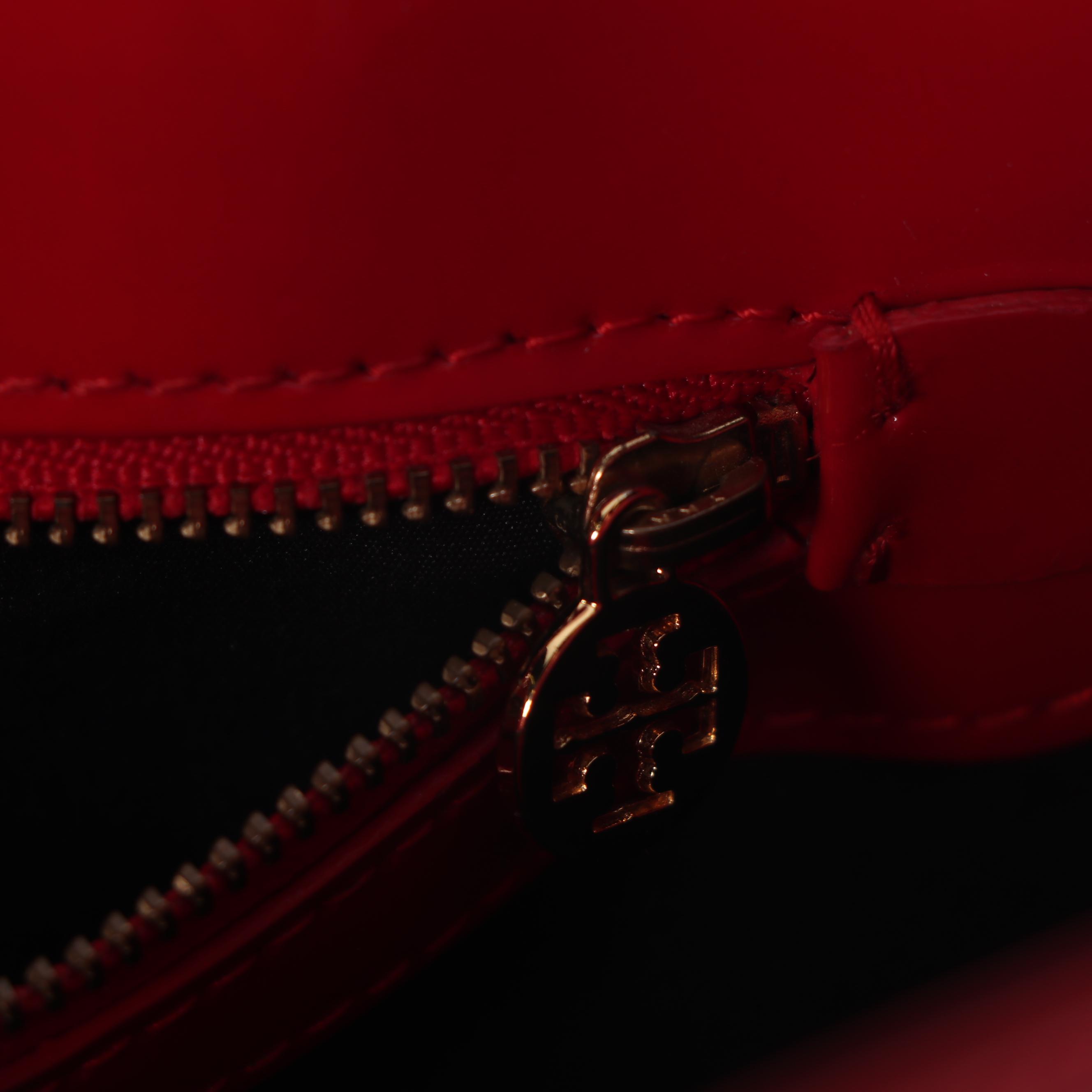 Tory Burch Red Perforated Patent Leather Logo Tote Bag