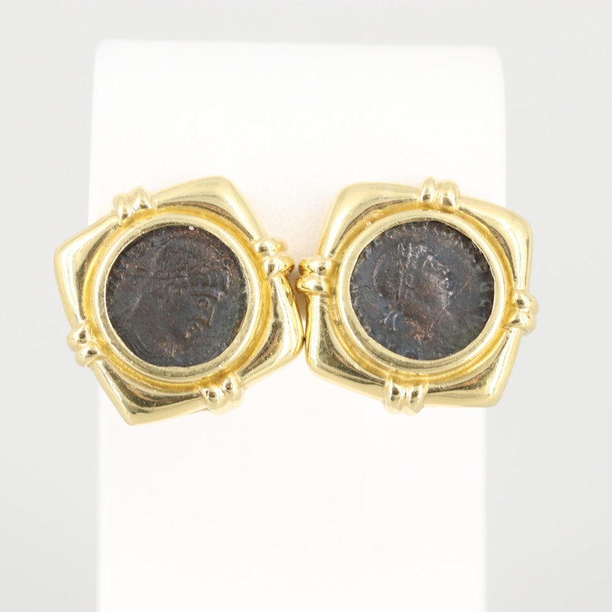 18K Yellow Gold Earrings with Two Ancient Roman Imperial AE4 Nummus Coins