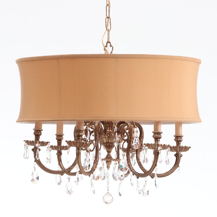 Tov Six-Light Gold Tone Metal Chandelier with Crystal Prisms and Drum Shade