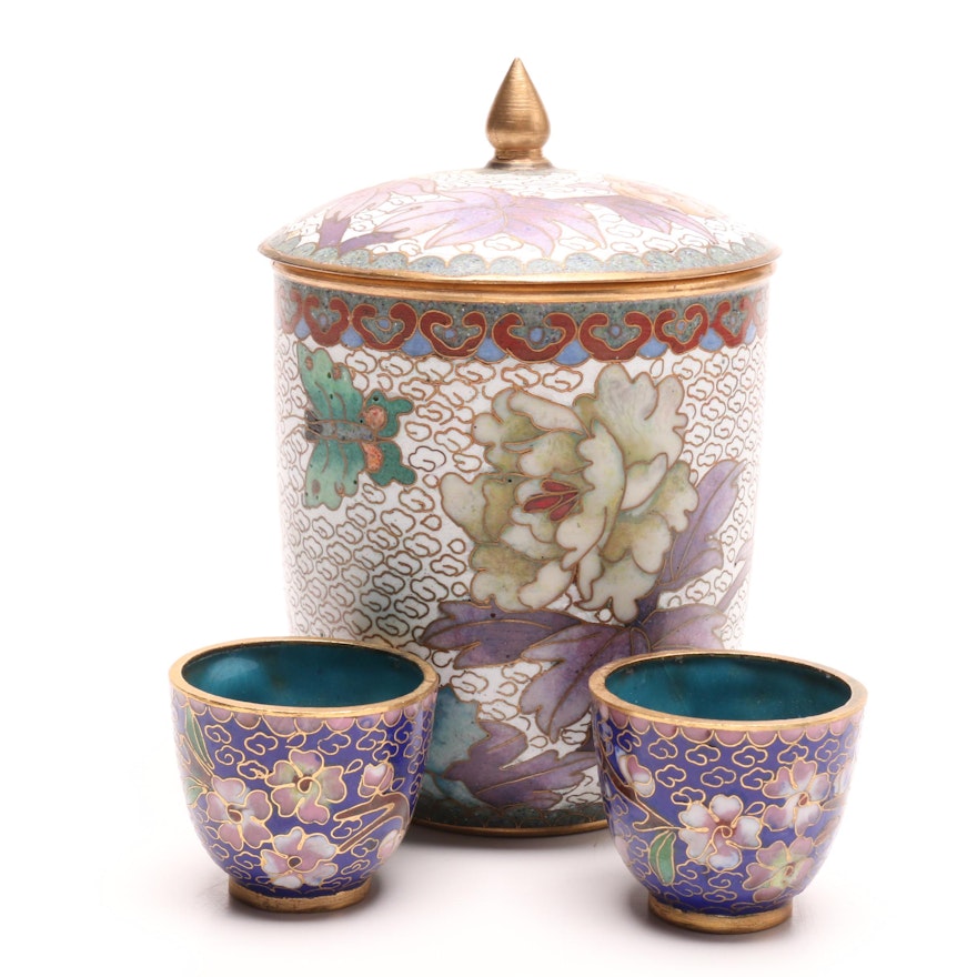 Chinese Cloisonné Lidded Jar and Cups