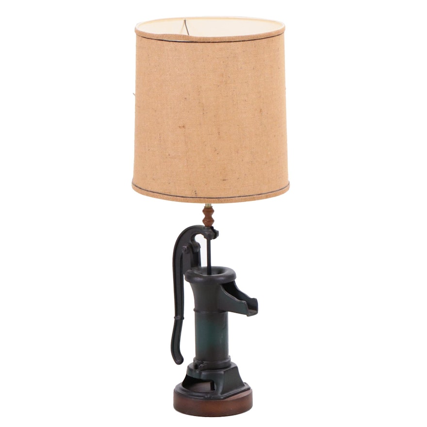 Converted Hand Water Pump Table Lamp with Lamp Shade, Mid-Century