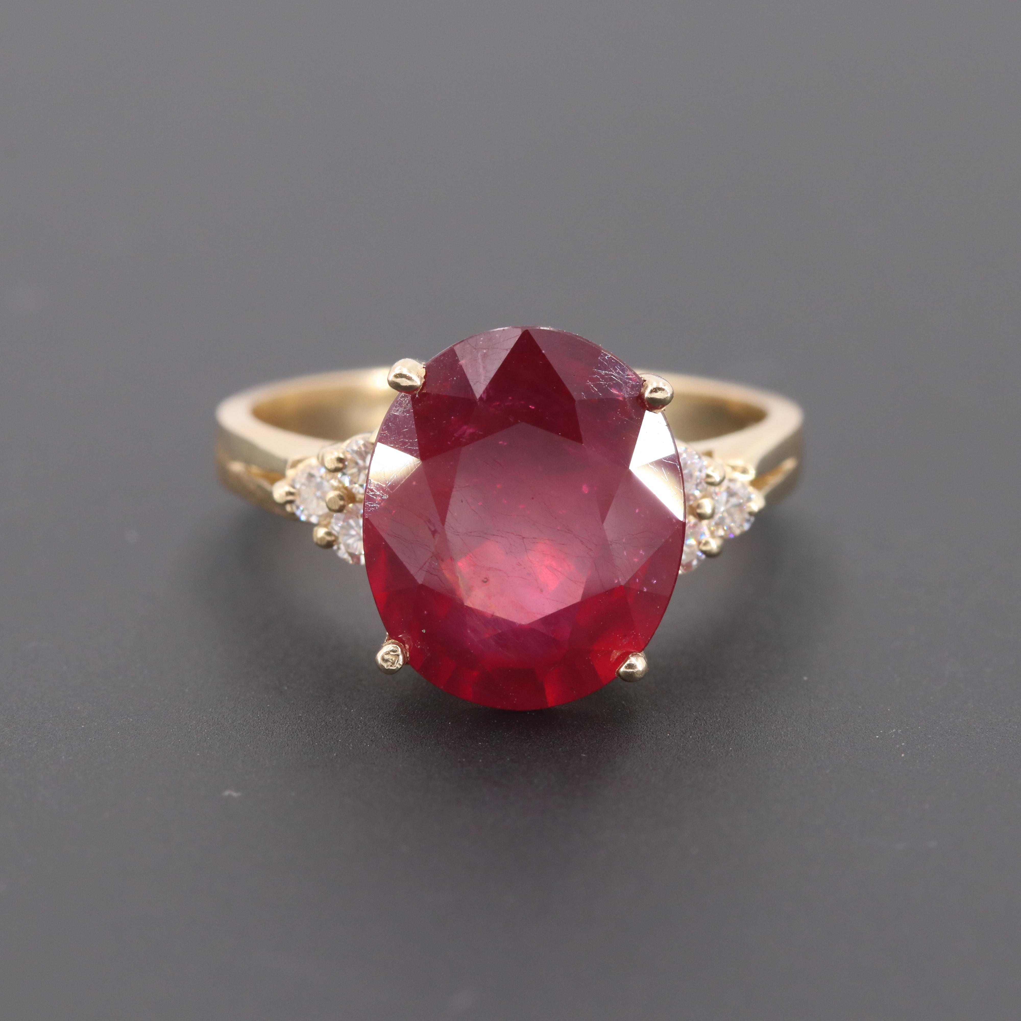 14K Yellow Gold Red Corundum and Diamond Ring