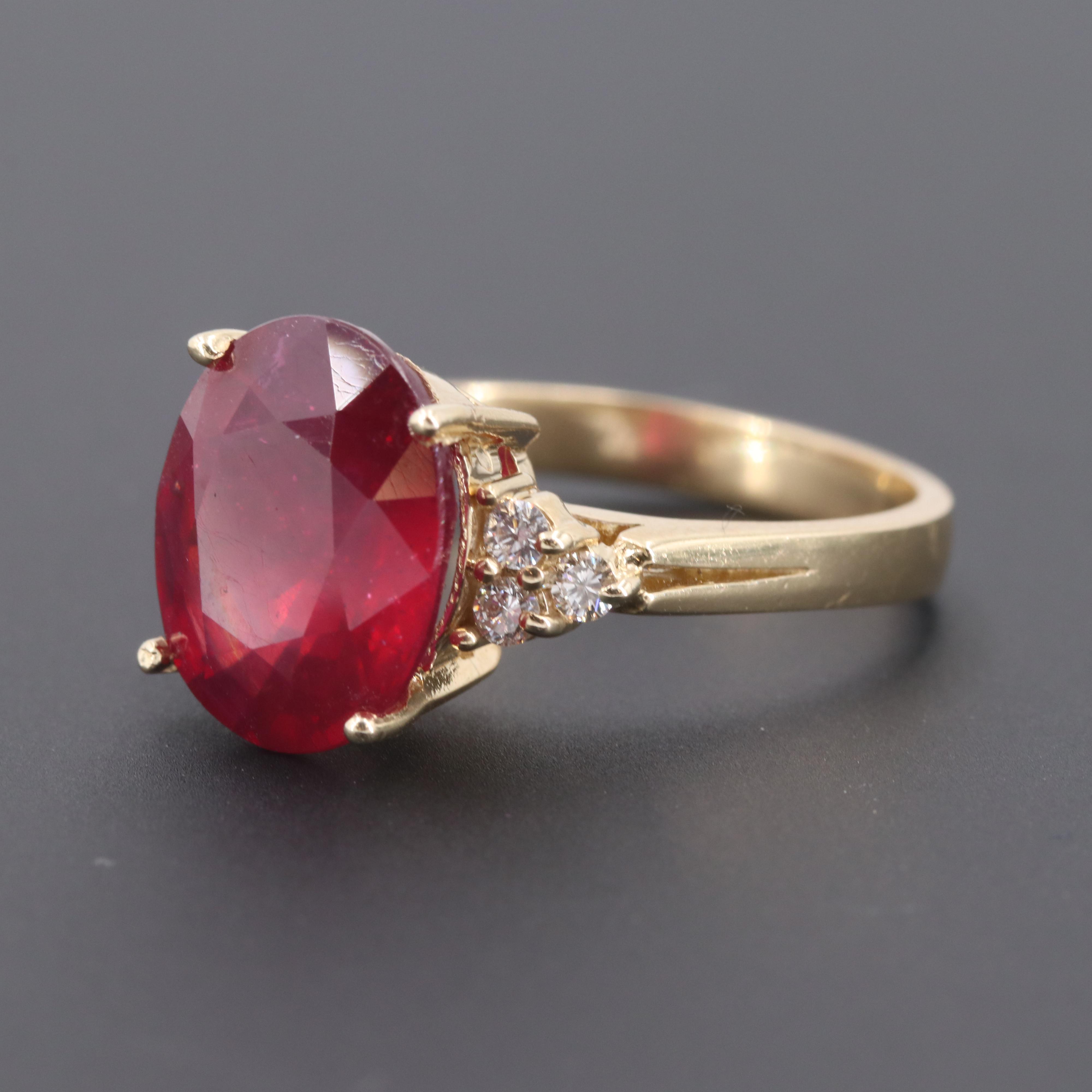 14K Yellow Gold Red Corundum and Diamond Ring