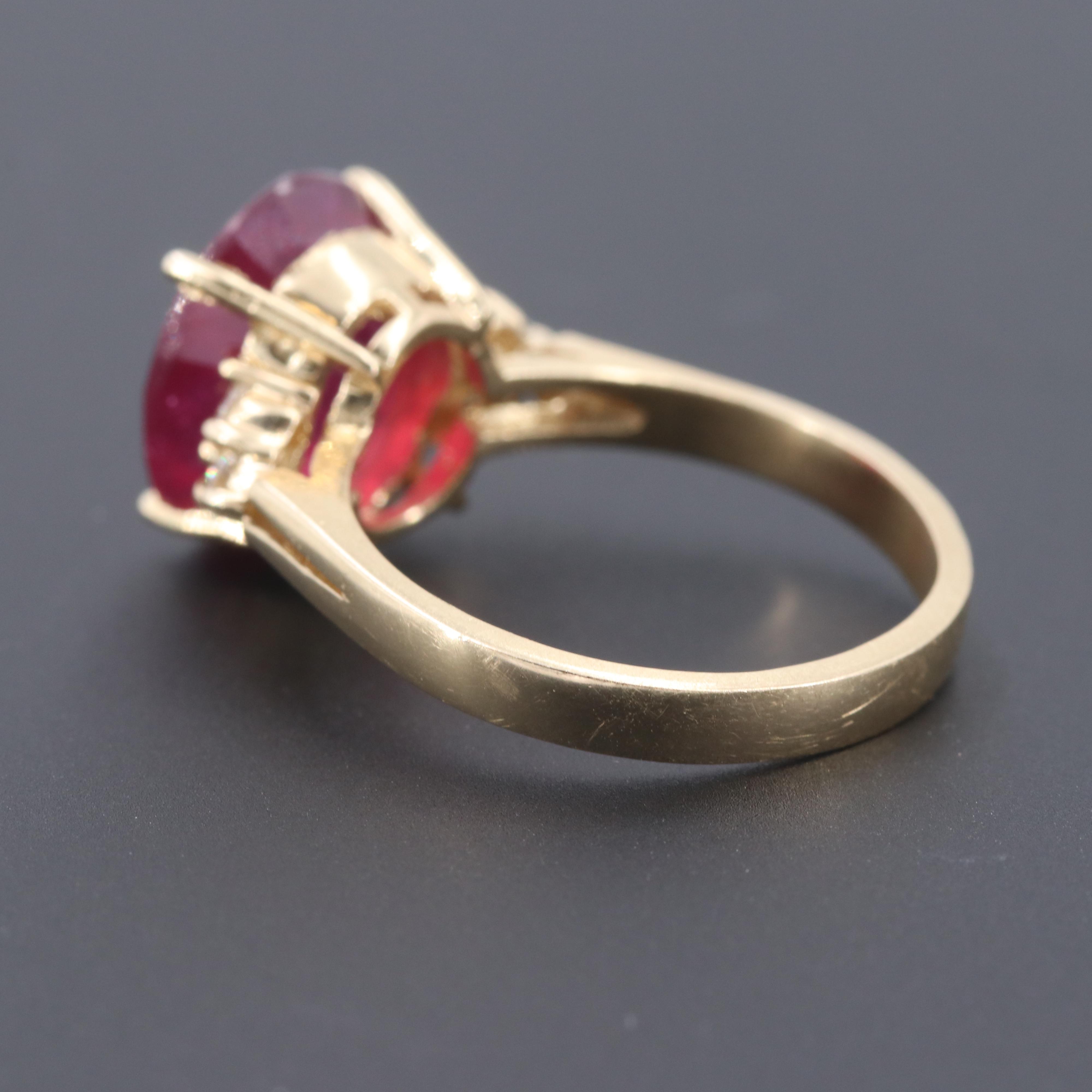 14K Yellow Gold Red Corundum and Diamond Ring