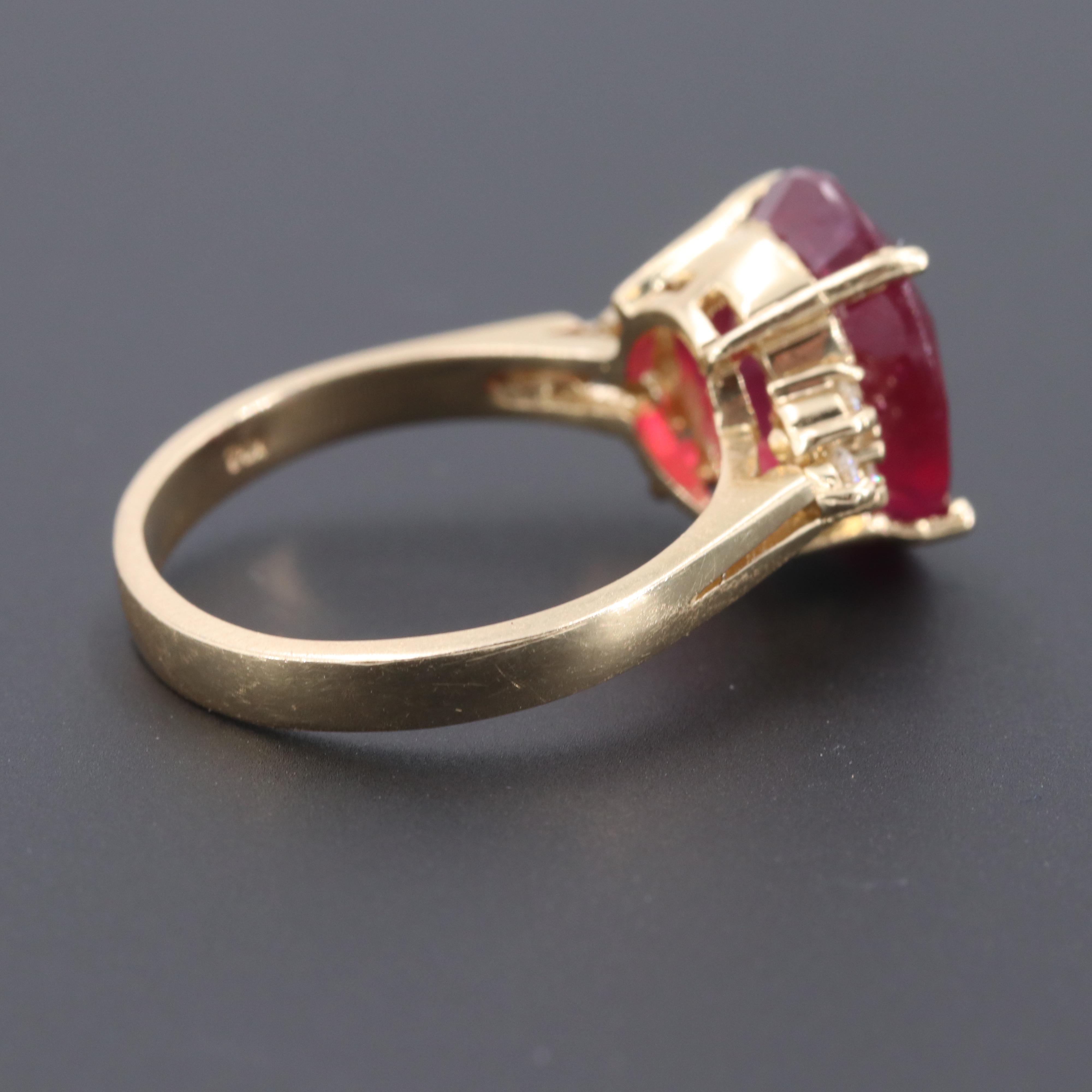 14K Yellow Gold Red Corundum and Diamond Ring