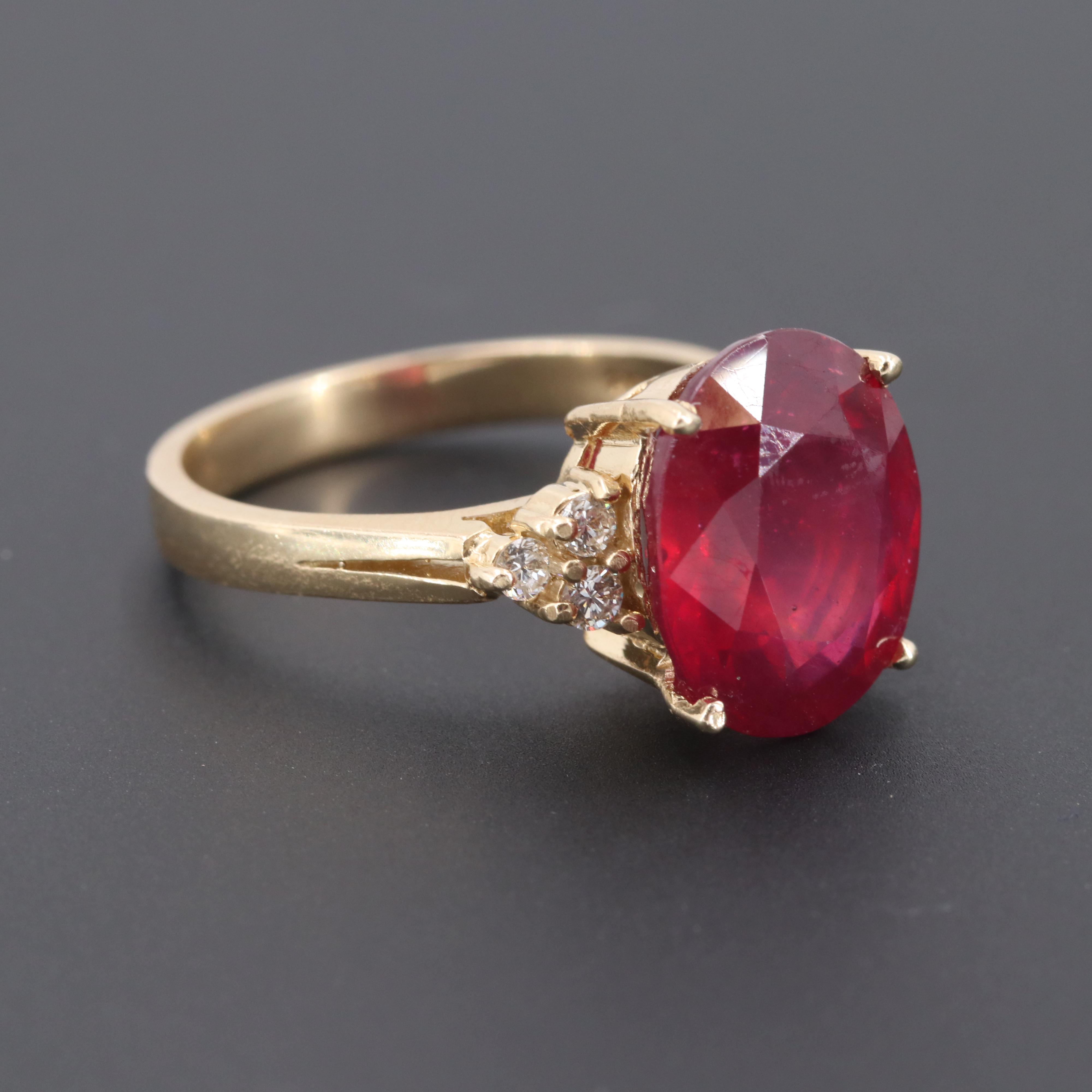 14K Yellow Gold Red Corundum and Diamond Ring