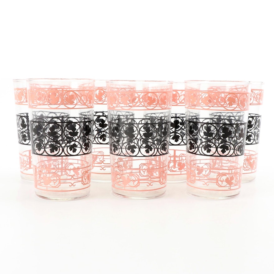 Anchor Hocking Pink and Black Ivy Motif Glasses, Mid-20th Century