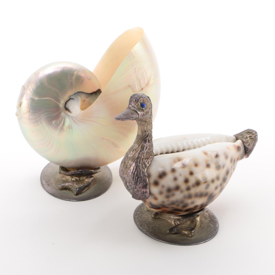 Gabriella Binazzi Silver Plate and Shell Bird Figurines, Mid/ Late 20th Century