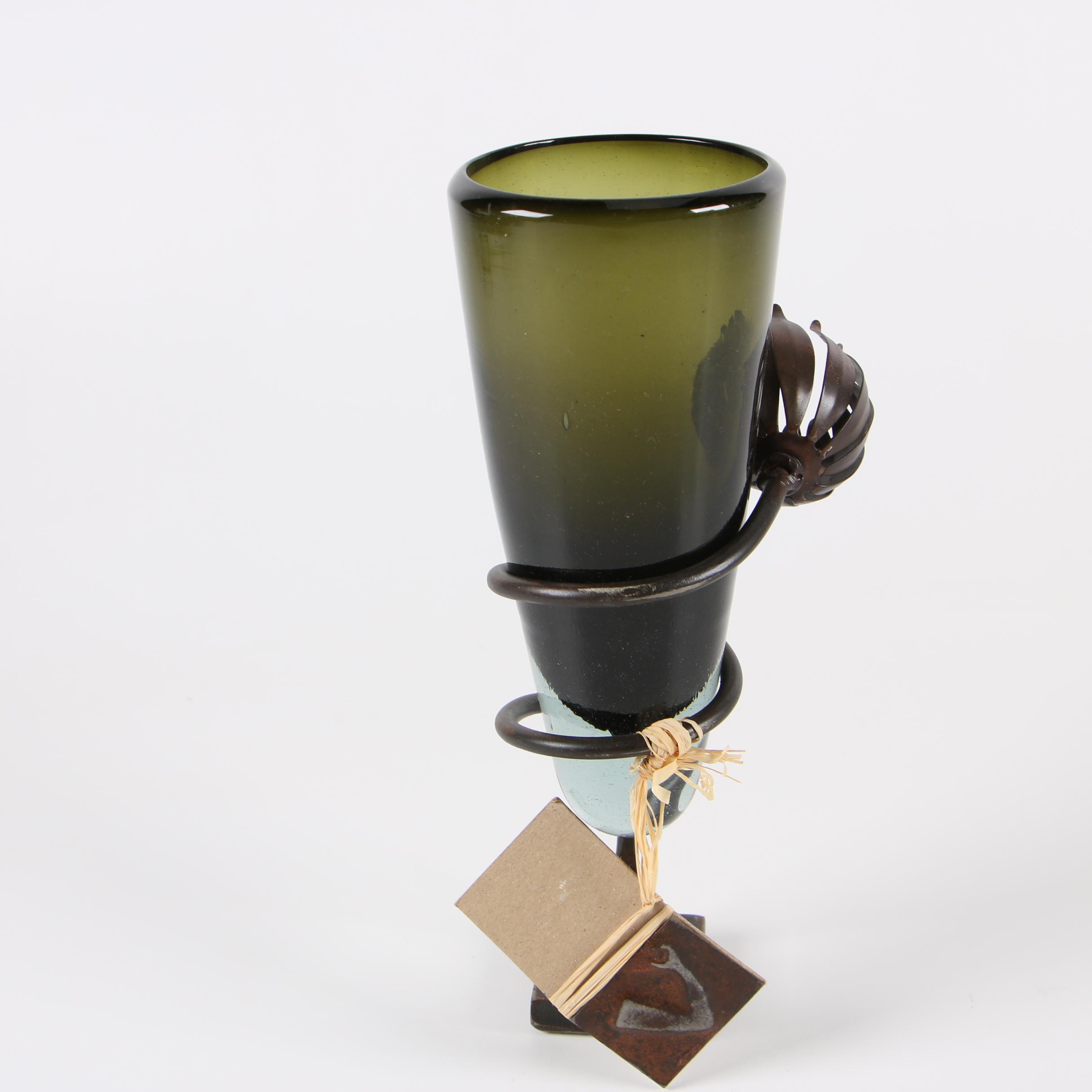 Jan Barboglio Hand Worked Iron and Art Glass Vase