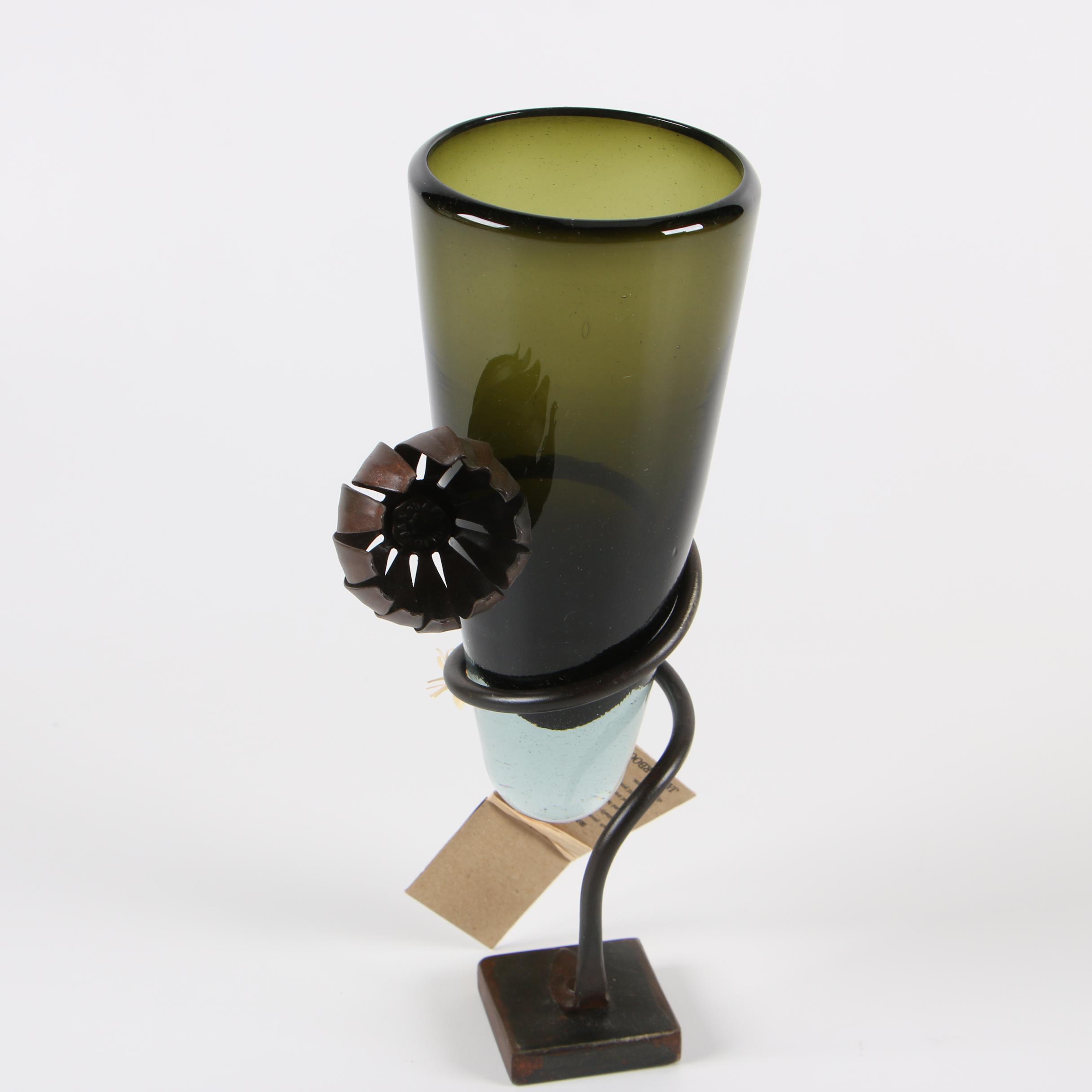 Jan Barboglio Hand Worked Iron and Art Glass Vase
