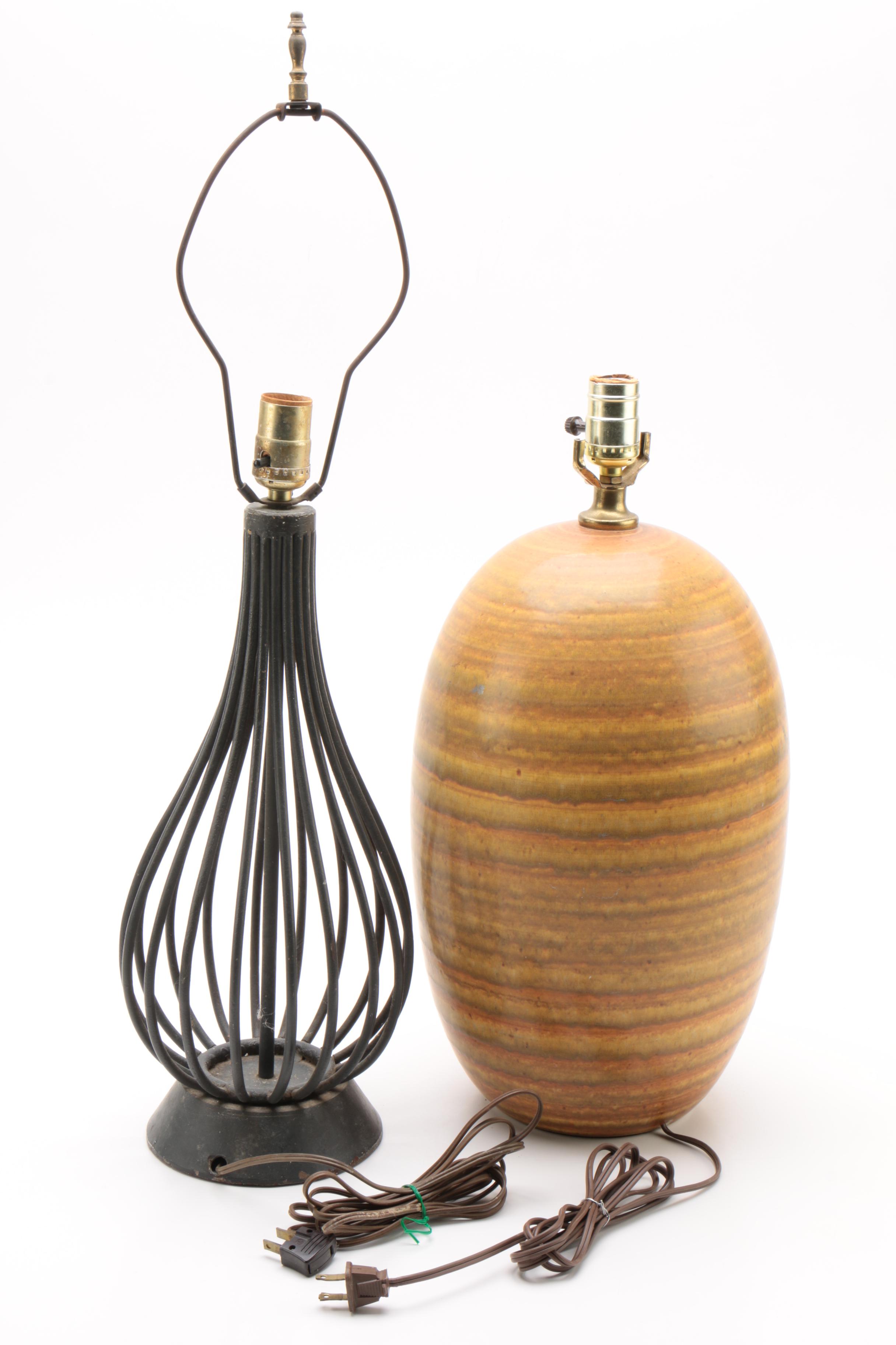 Black Cast Iron Cage Lamp with Mid-Century Style Ceramic Table Lamp