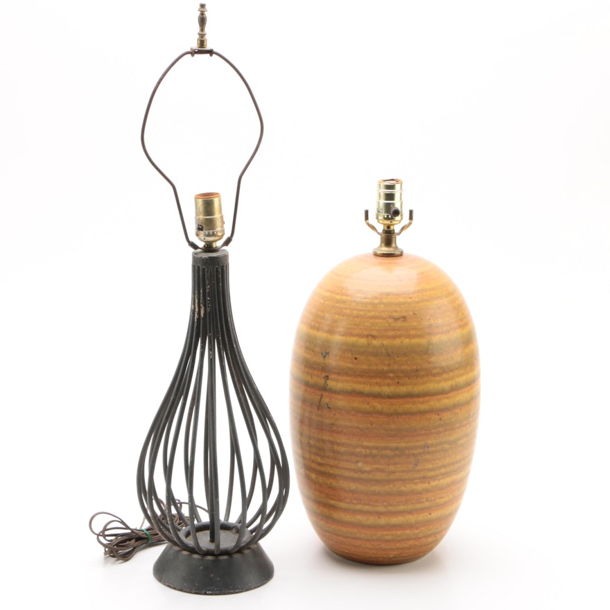 Black Cast Iron Cage Lamp with Mid-Century Style Ceramic Table Lamp
