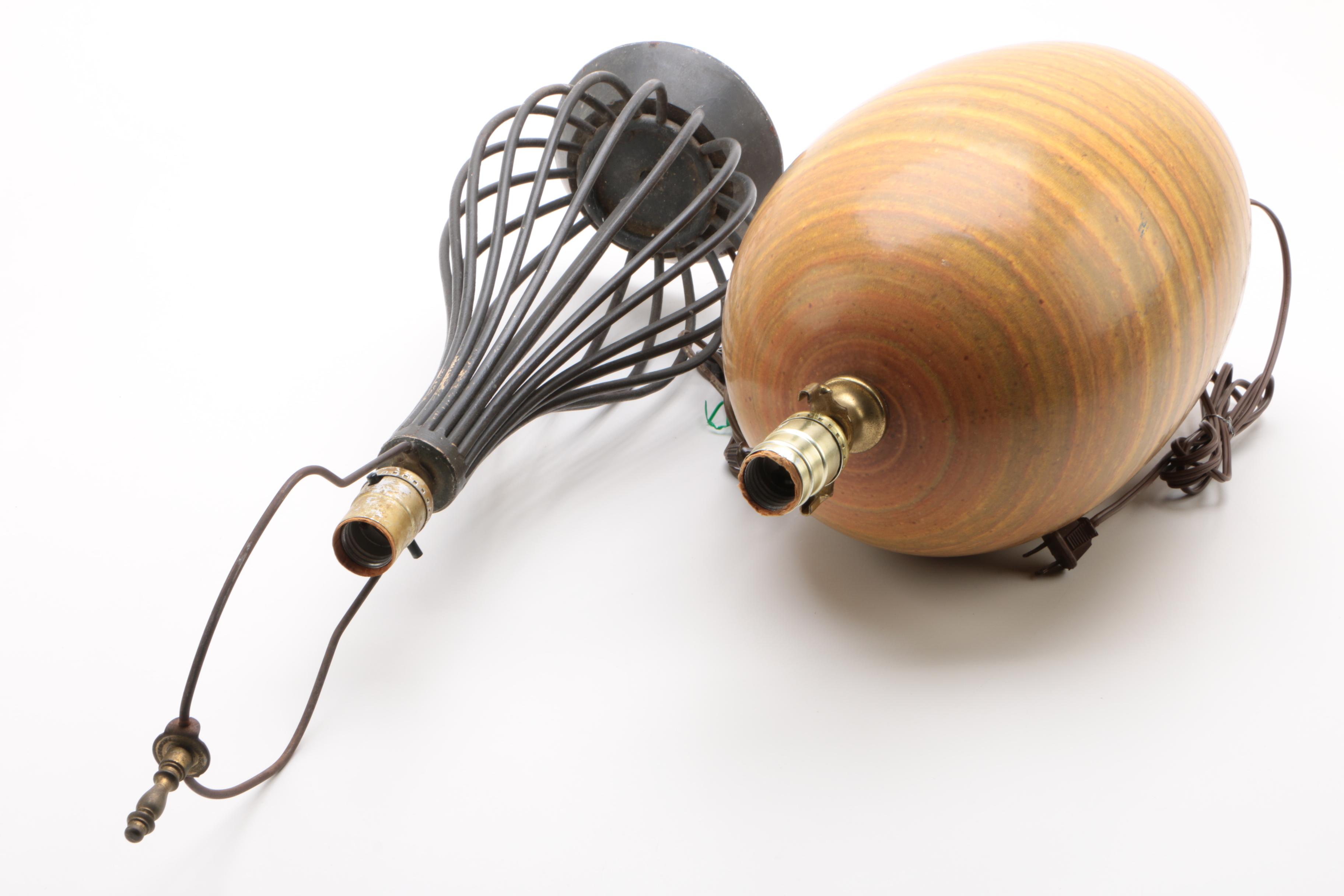 Black Cast Iron Cage Lamp with Mid-Century Style Ceramic Table Lamp