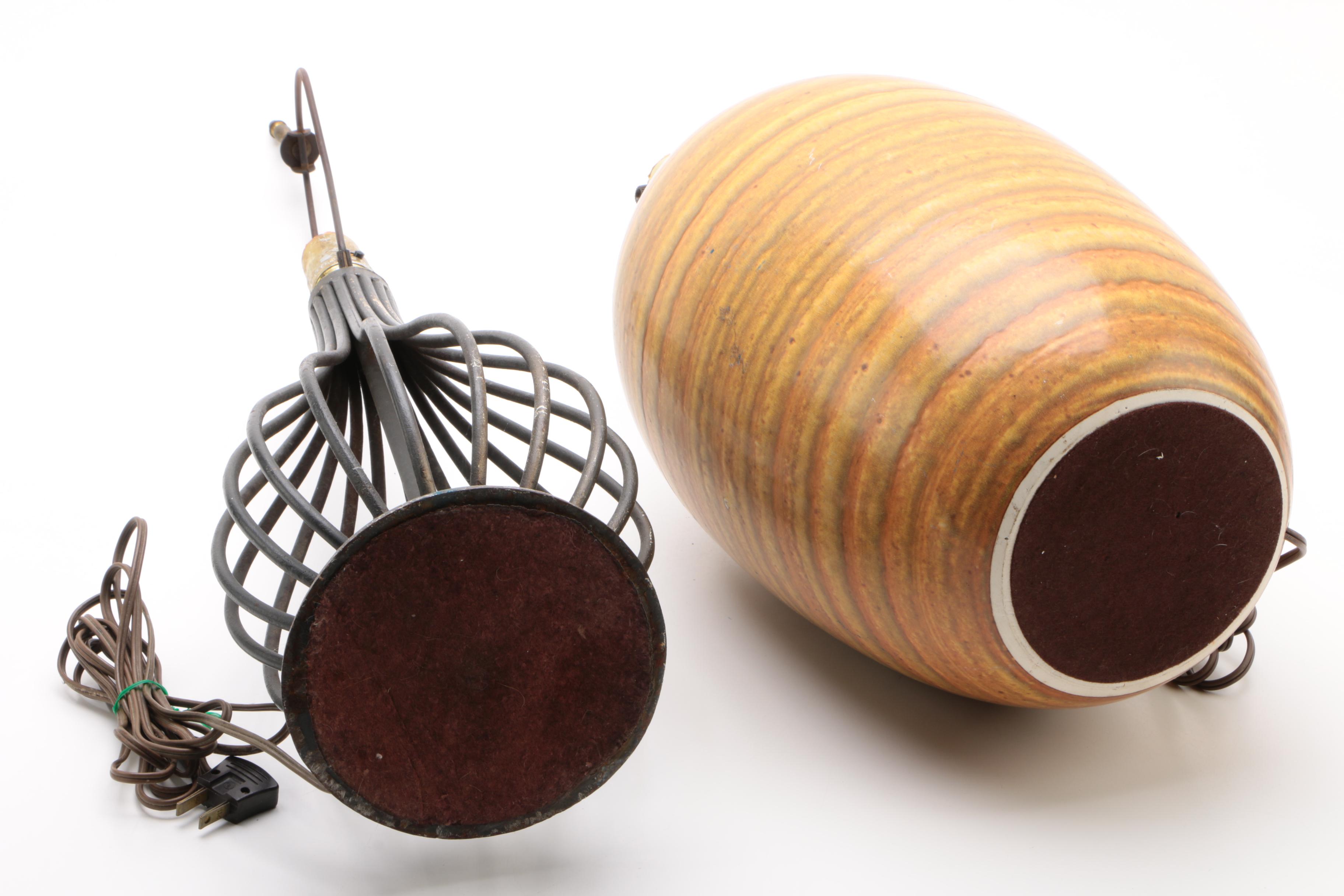 Black Cast Iron Cage Lamp with Mid-Century Style Ceramic Table Lamp