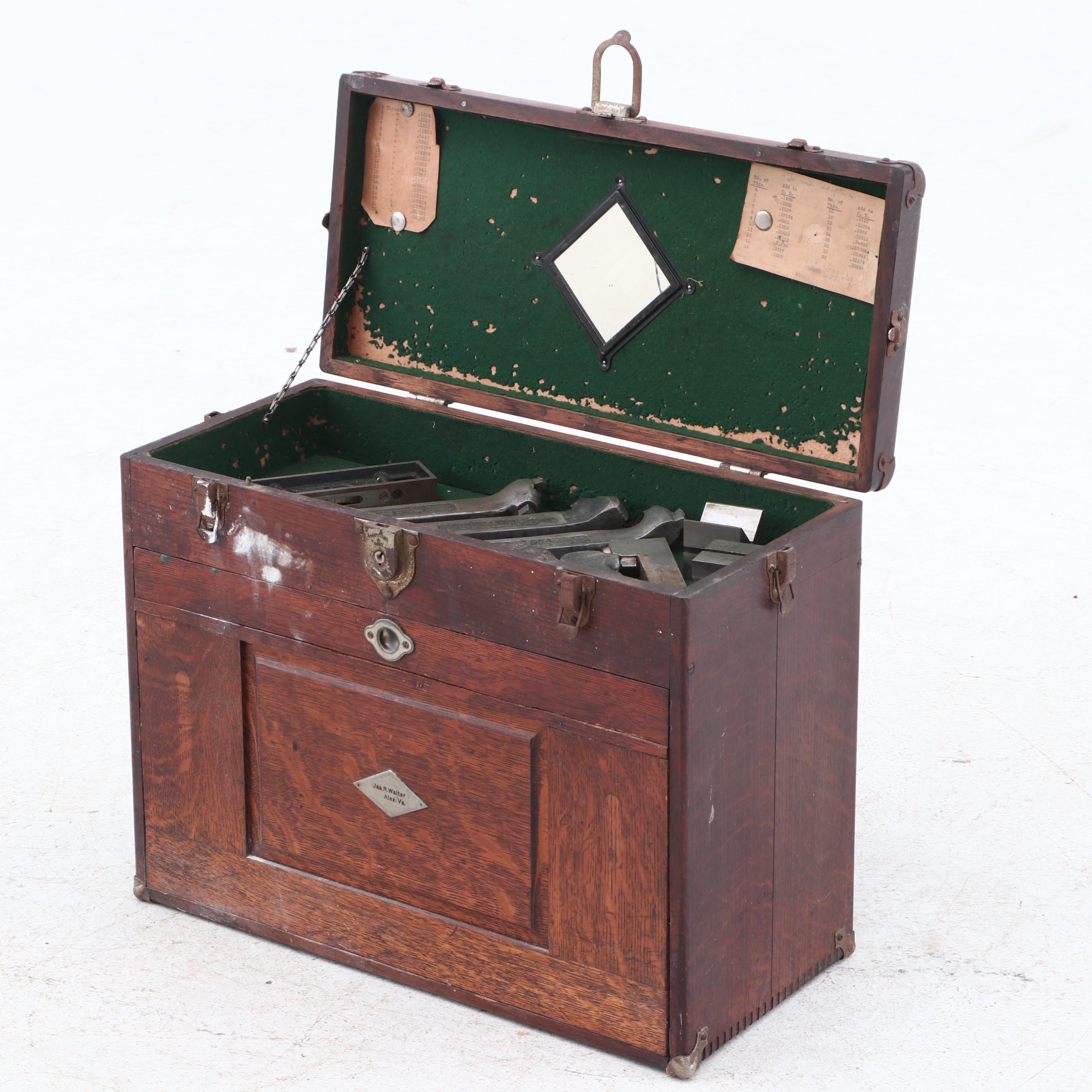 H. Gerstner & Sons Personalized Oak Machinist Tool Box with Tools, circa 1930s