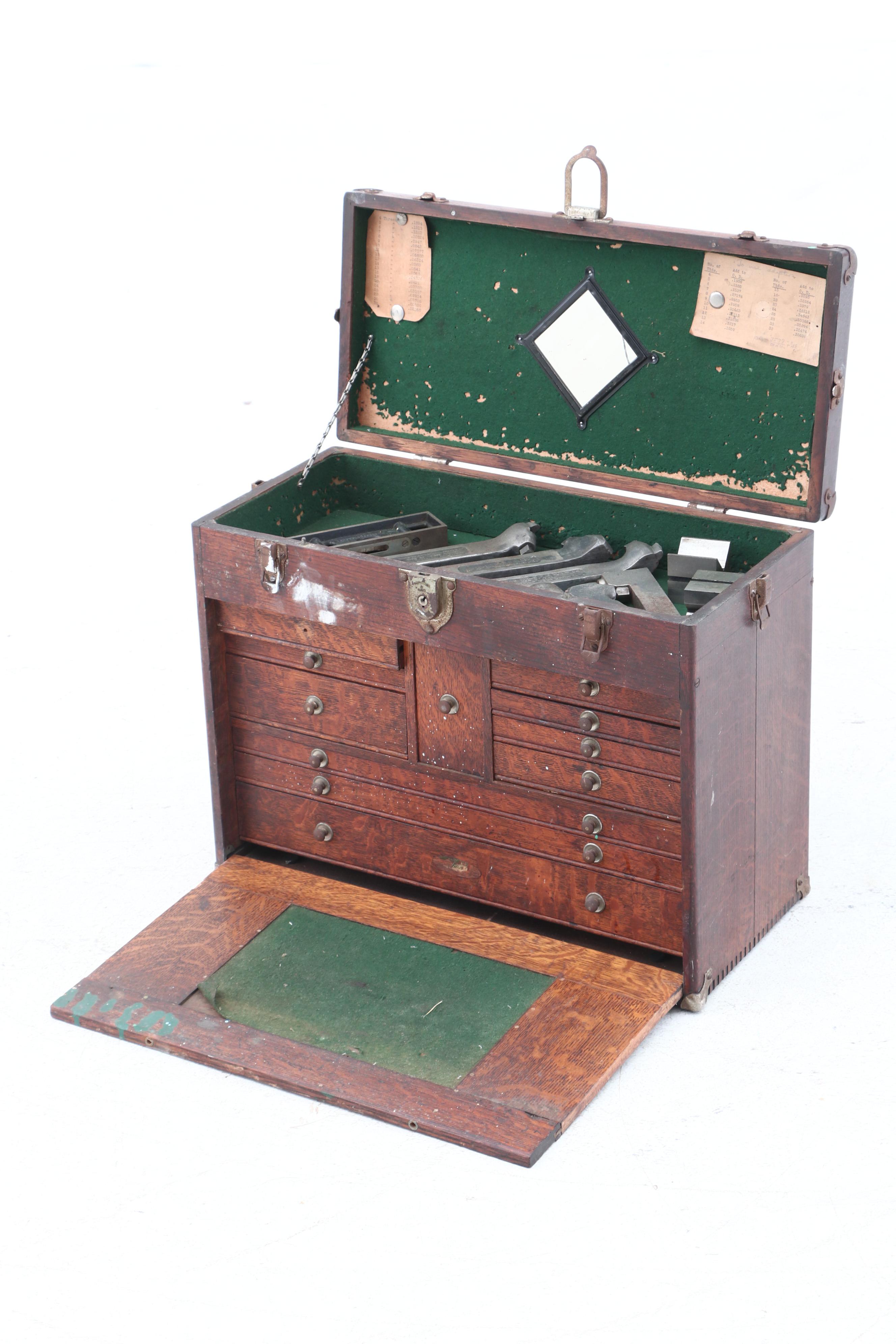 H. Gerstner & Sons Personalized Oak Machinist Tool Box with Tools, circa 1930s