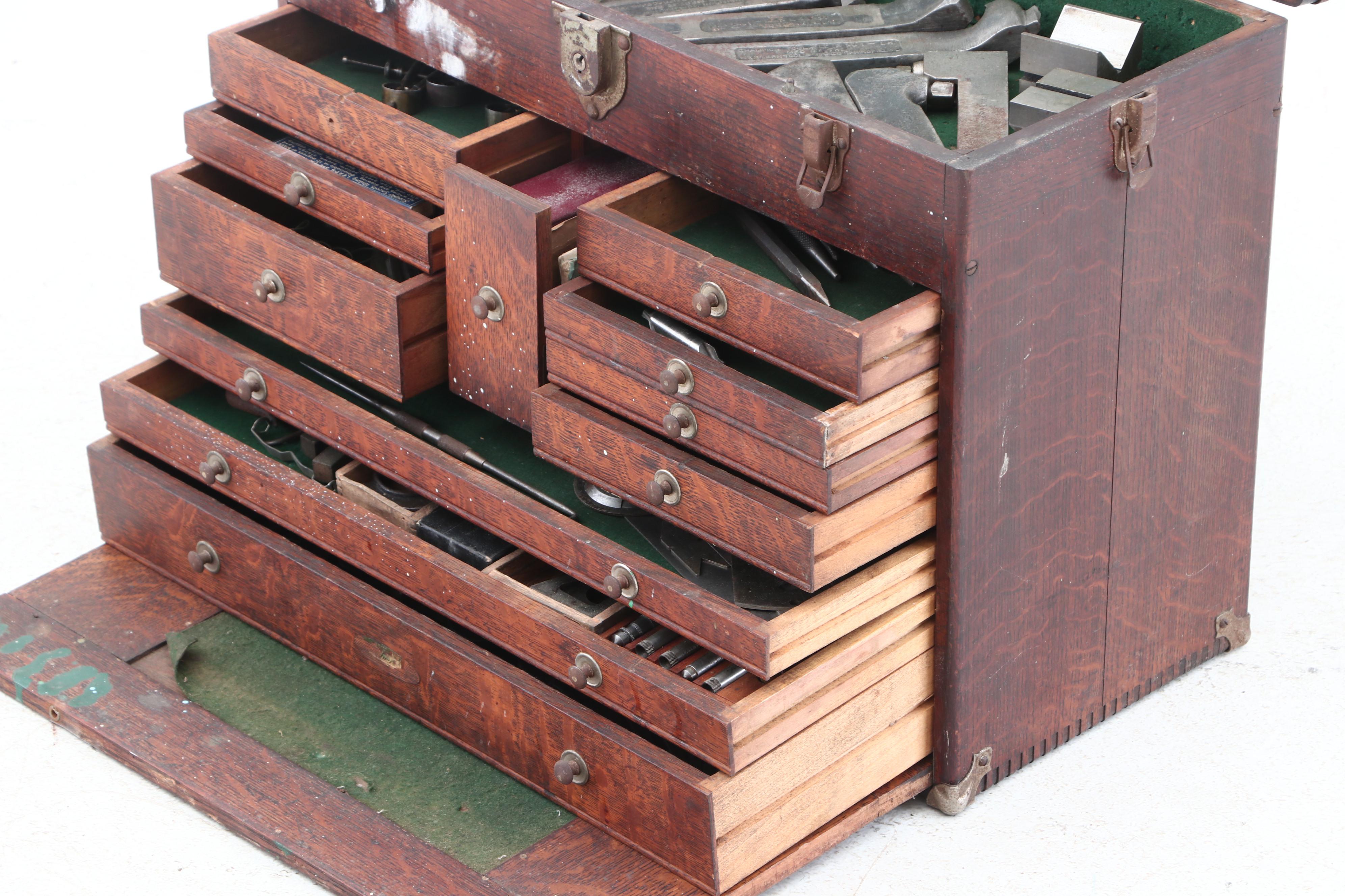 H. Gerstner & Sons Personalized Oak Machinist Tool Box with Tools, circa 1930s