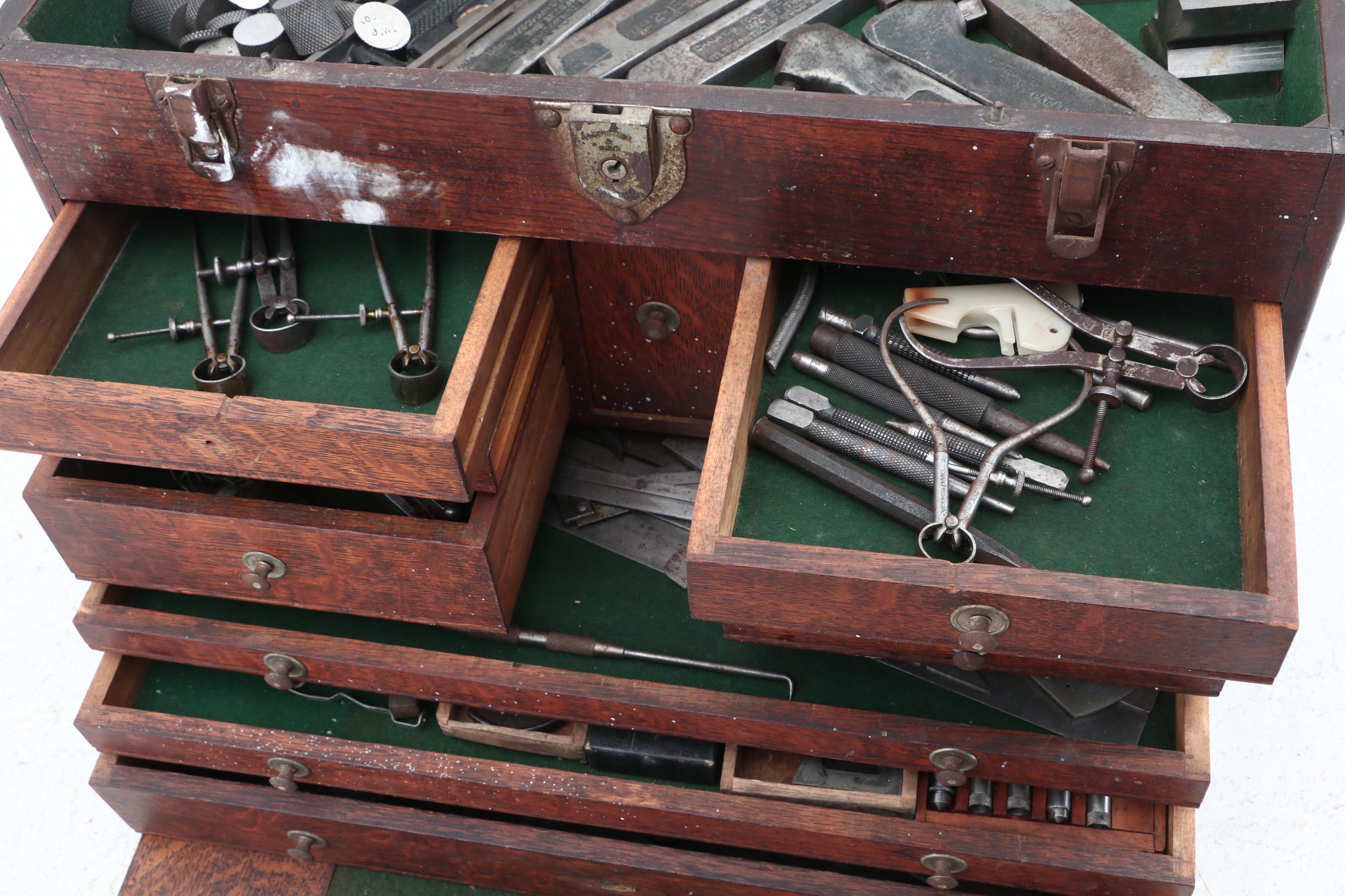 H. Gerstner & Sons Personalized Oak Machinist Tool Box with Tools, circa 1930s