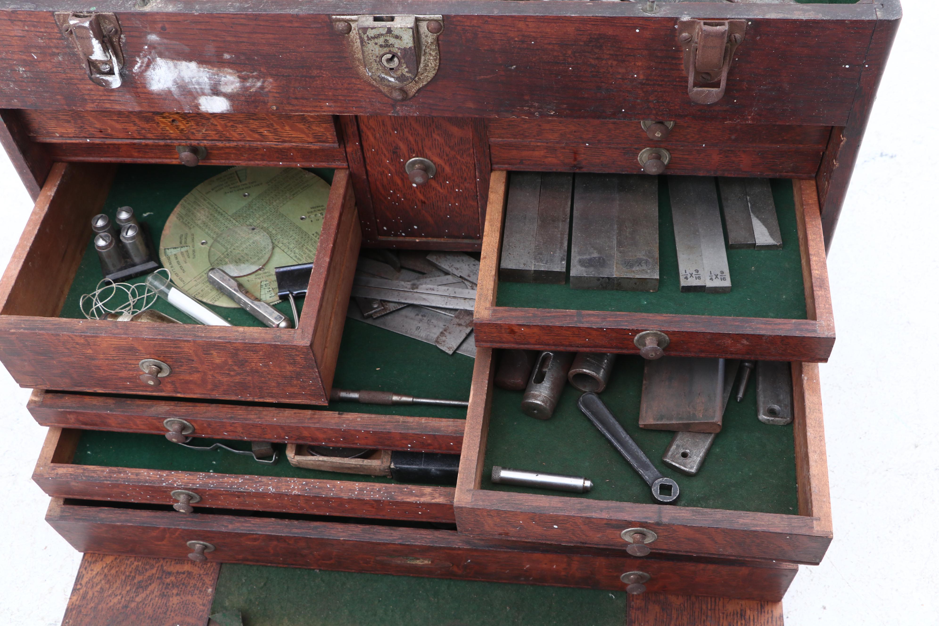 H. Gerstner & Sons Personalized Oak Machinist Tool Box with Tools, circa 1930s