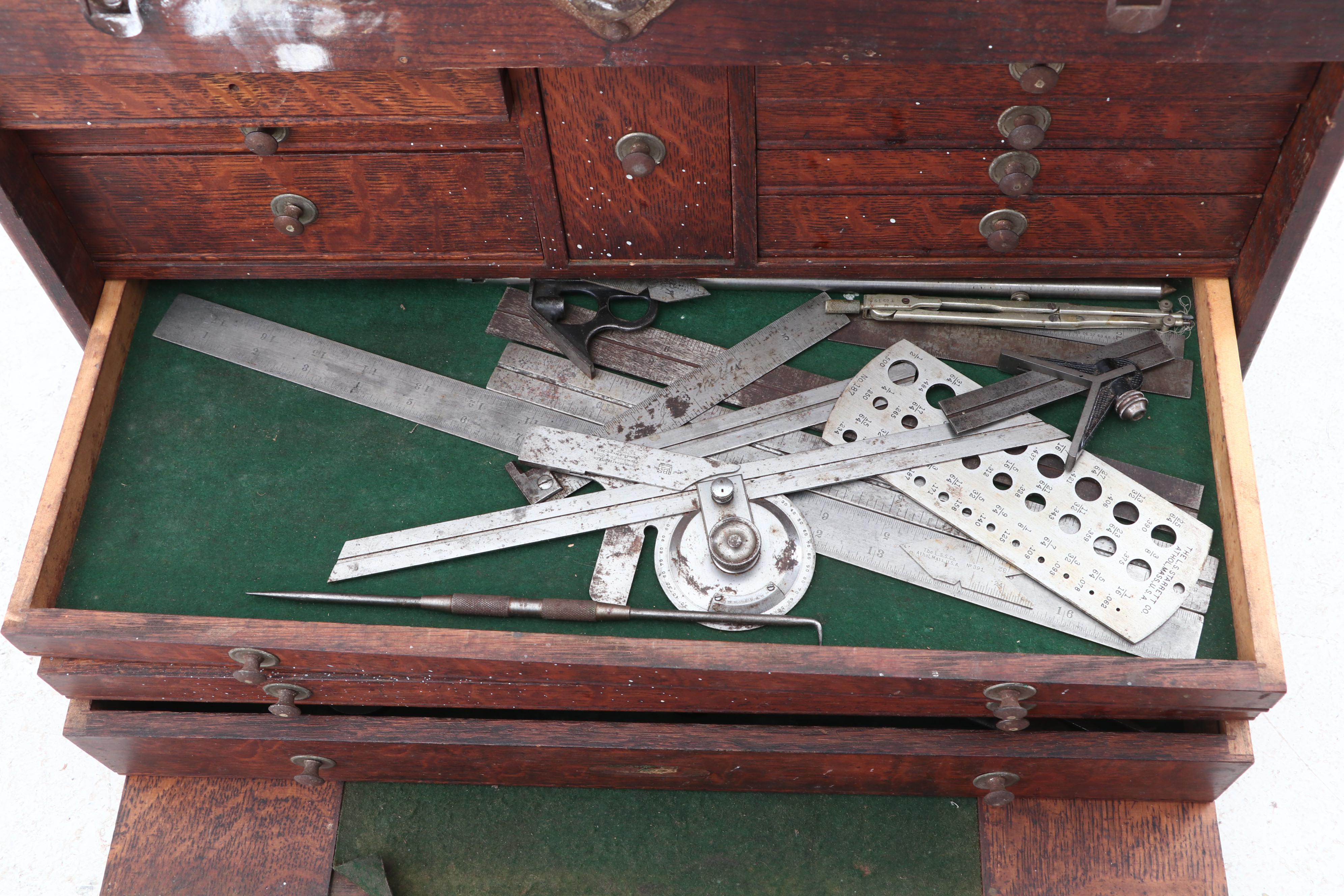 H. Gerstner & Sons Personalized Oak Machinist Tool Box with Tools, circa 1930s