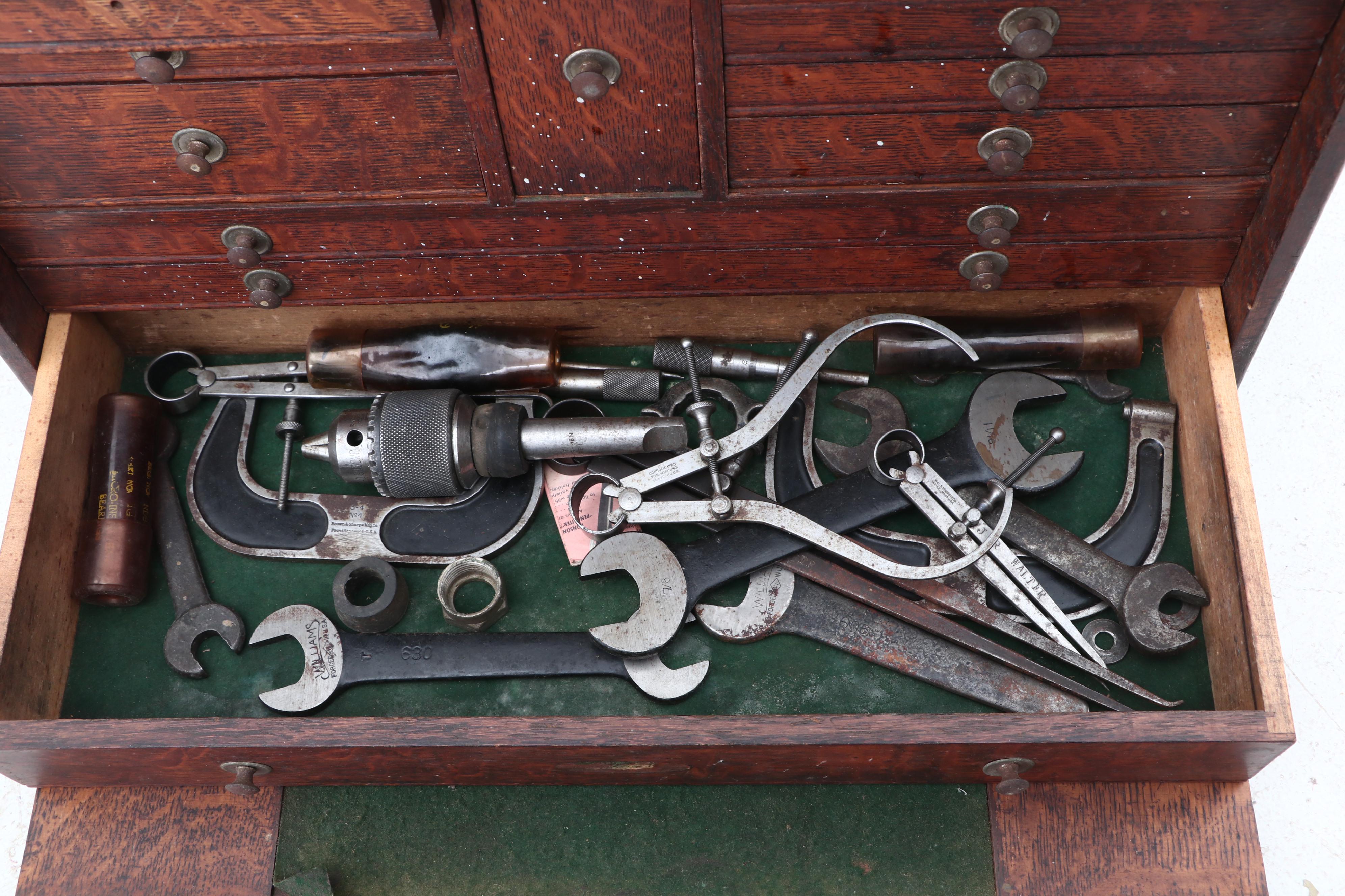H. Gerstner & Sons Personalized Oak Machinist Tool Box with Tools, circa 1930s