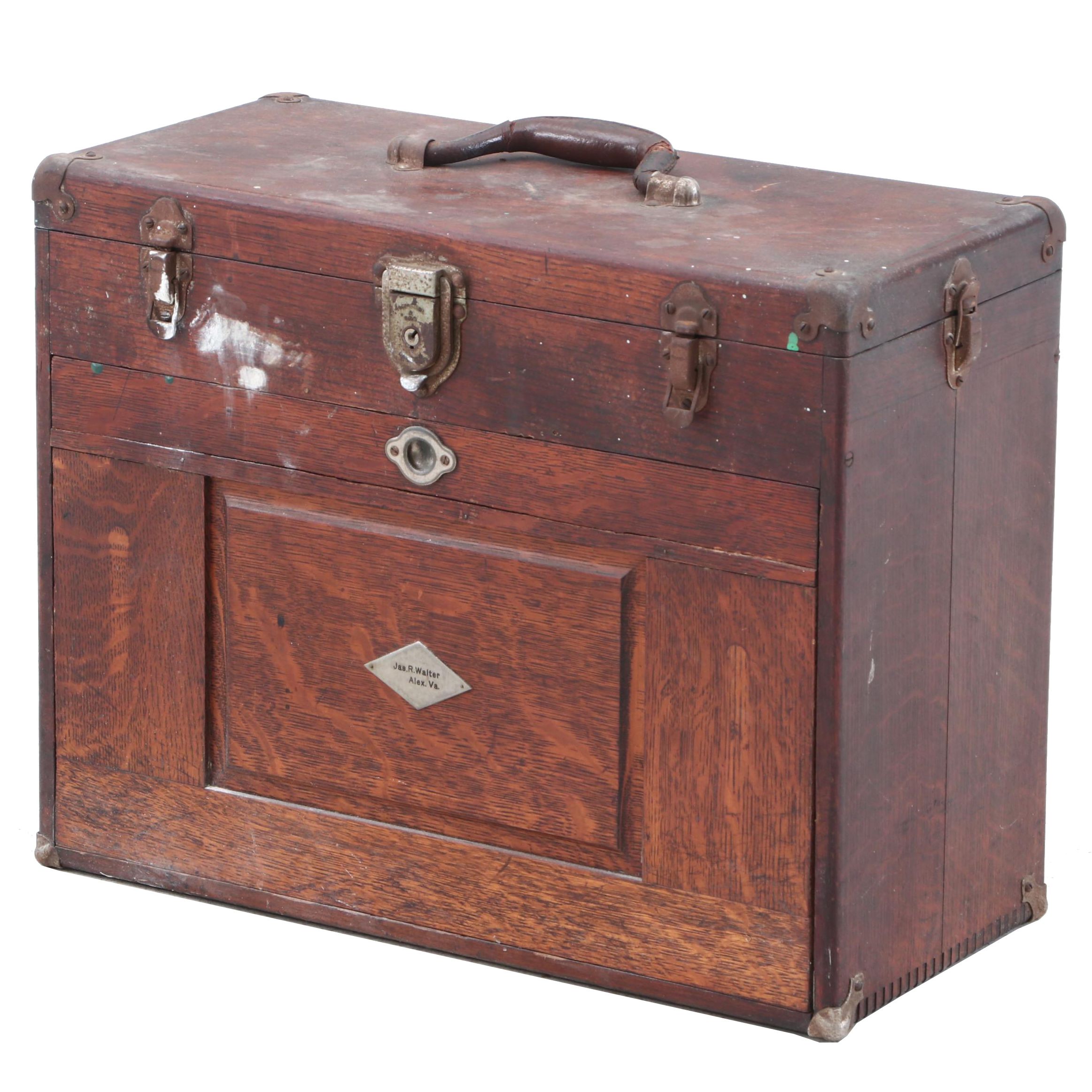 H. Gerstner & Sons Personalized Oak Machinist Tool Box with Tools, circa 1930s
