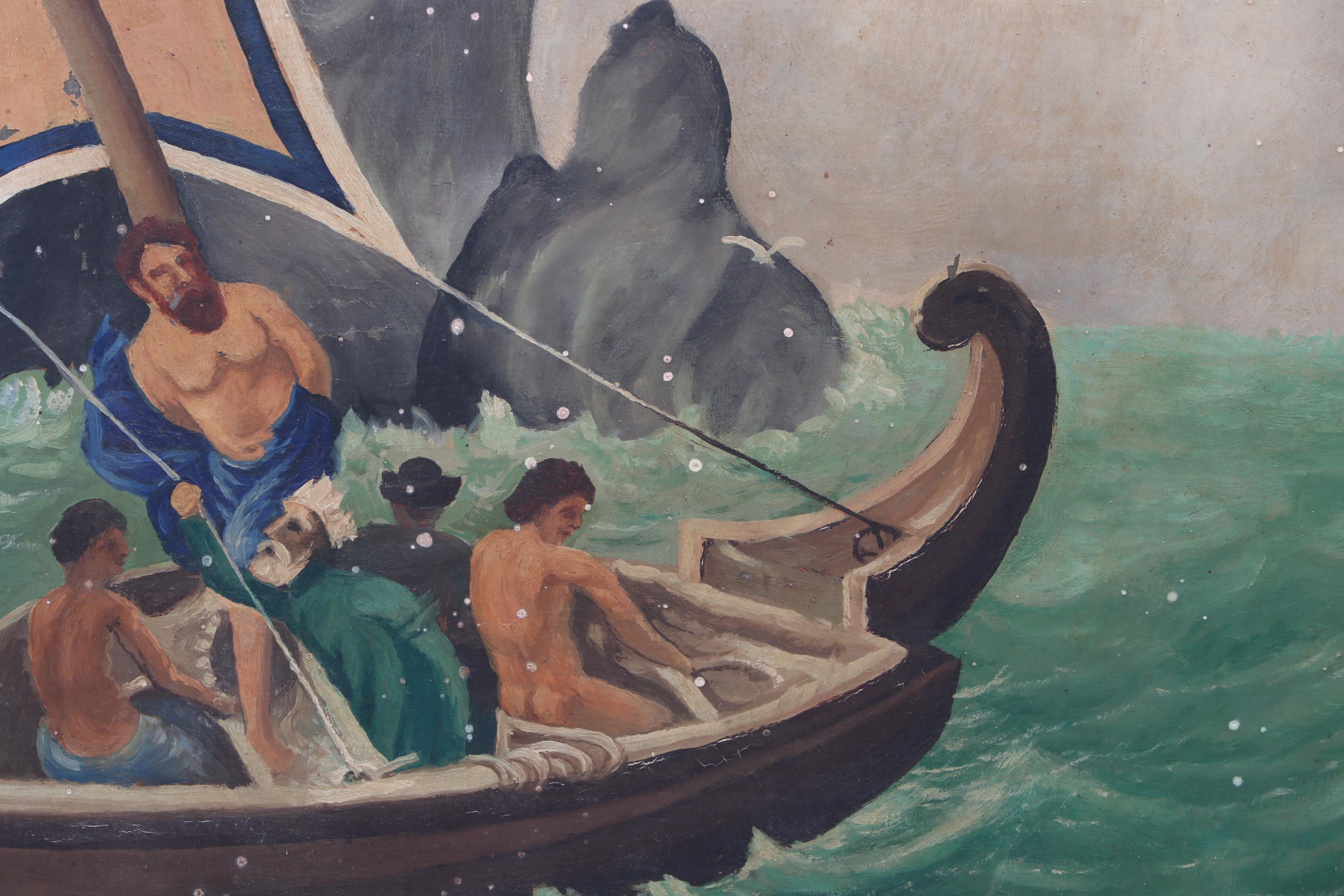 M. Rikin Mid Century Oil Painting of Odysseus and the Sirens