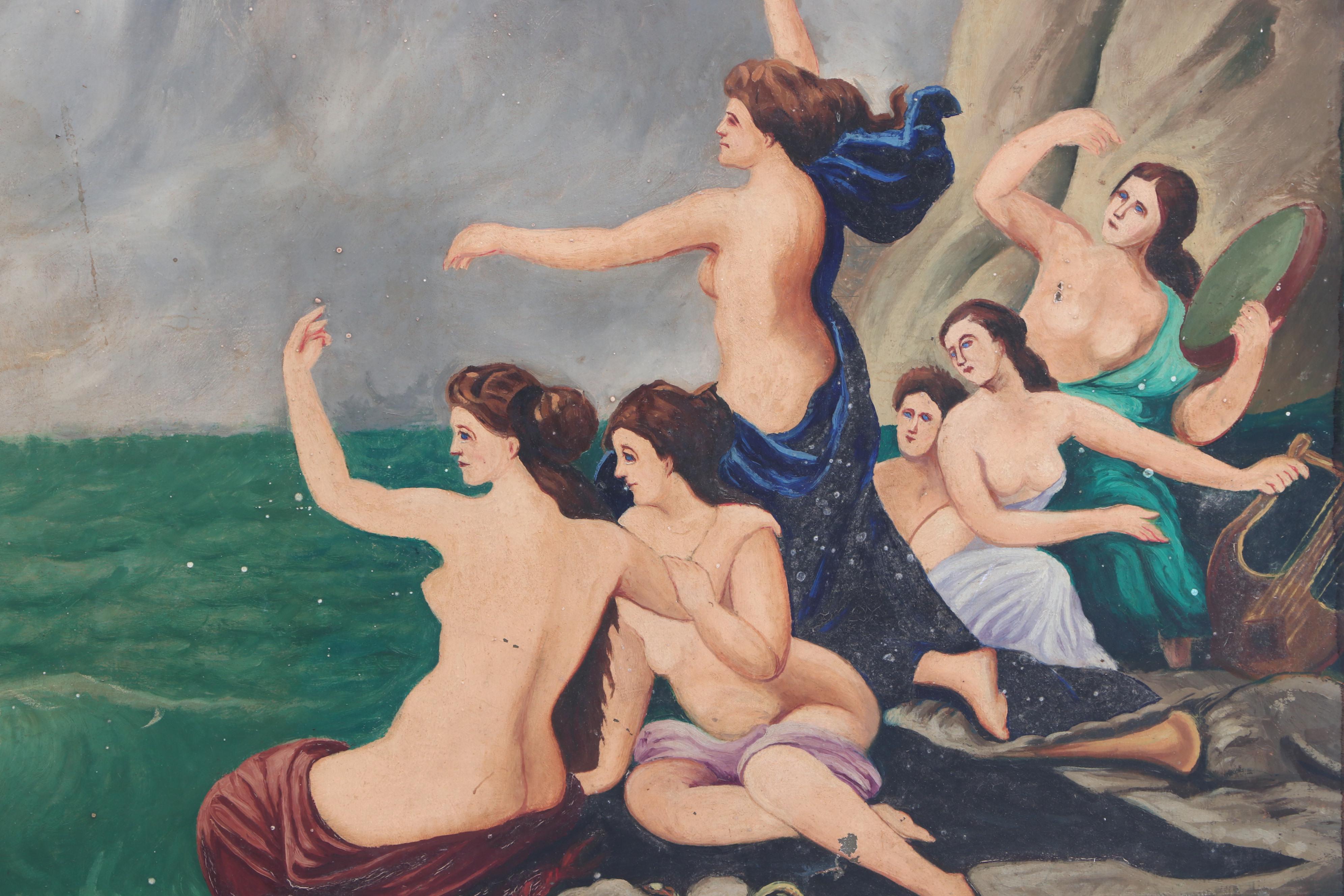 M. Rikin Mid Century Oil Painting of Odysseus and the Sirens