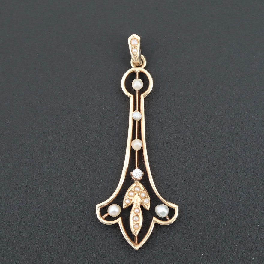 Art Nouveau 14K Yellow Gold Seed Pearl and Diamond Pendant